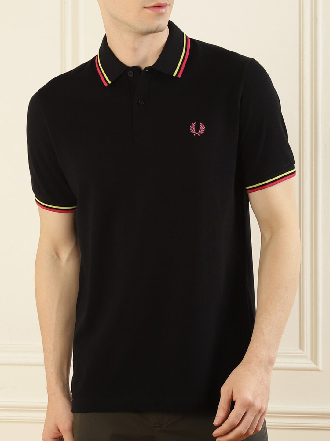 

Fred Perry Men Black Polo Collar Pure Cotton Applique T-shirt