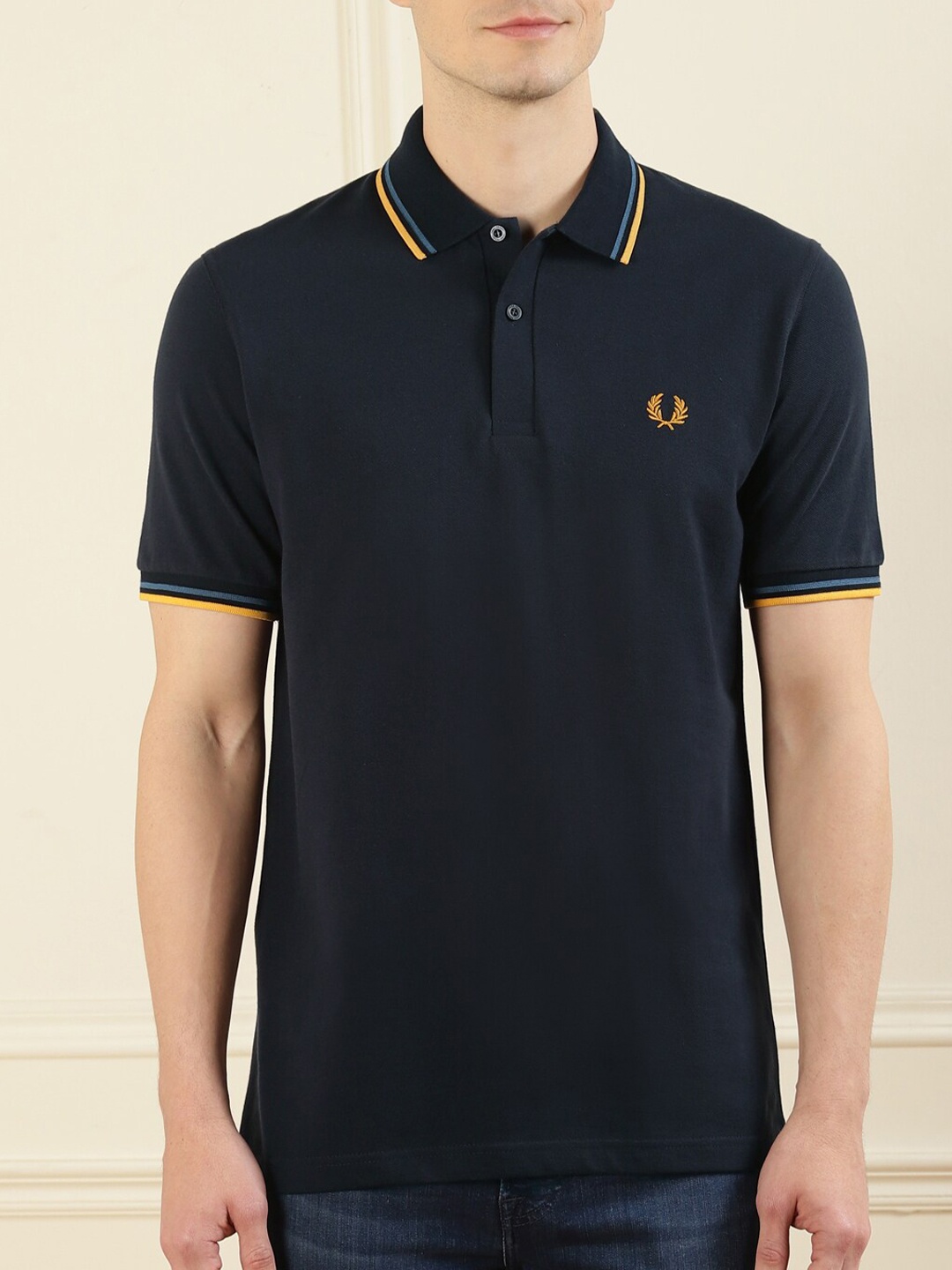 

Fred Perry Men Navy Blue Polo Collar Pure Cotton T-shirt