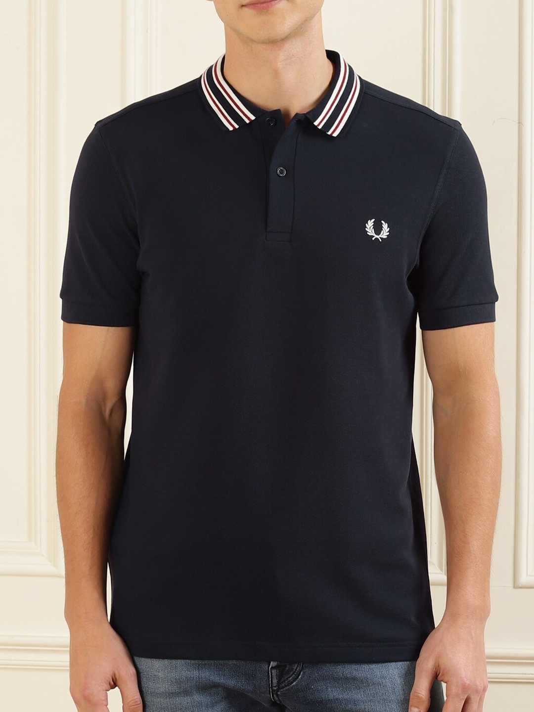 

Fred Perry Men Navy Blue Polo Collar Pure Cotton T-shirt