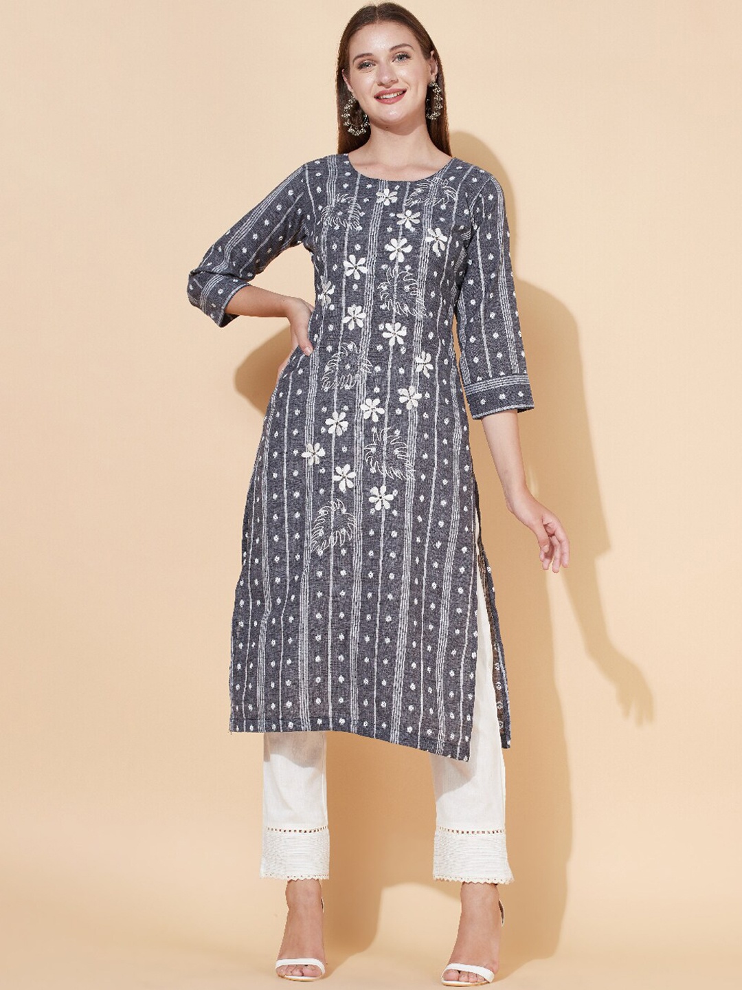 

FASHOR Women Grey Floral Printed Kurta