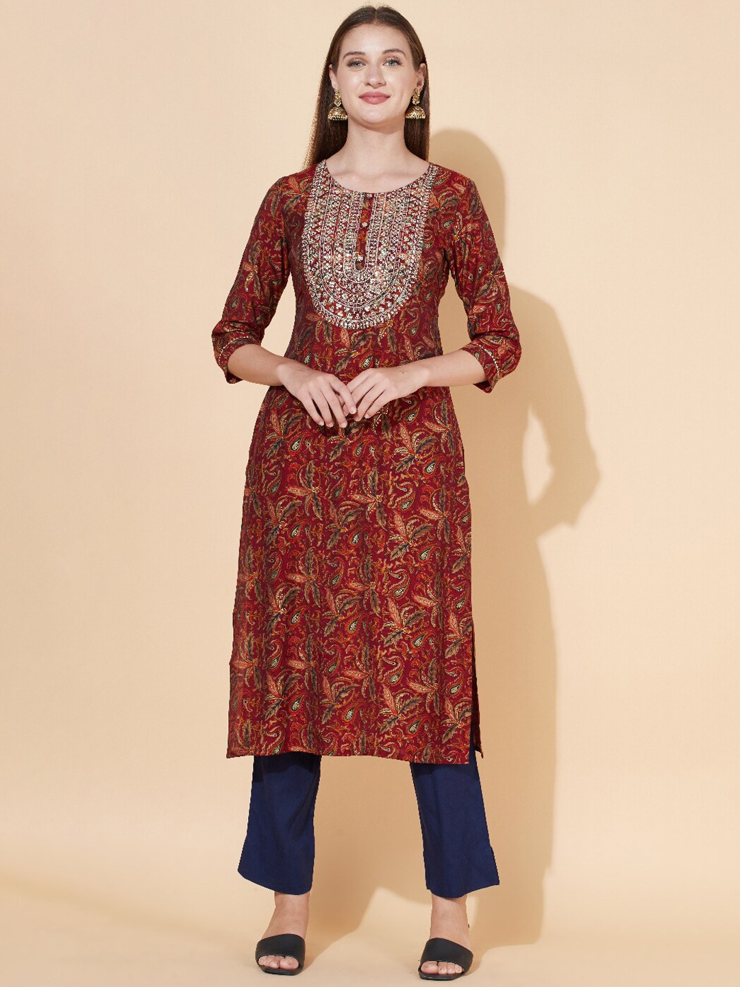 

FASHOR Women Maroon Floral Printed Anarkali Kurta