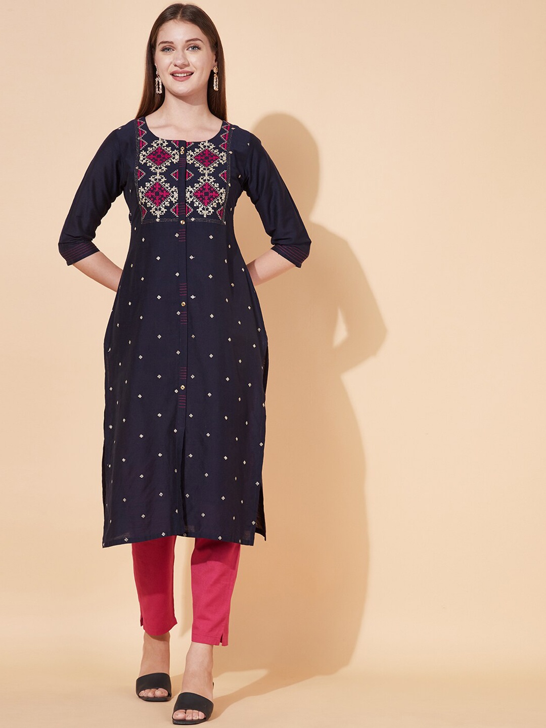 

FASHOR Women Navy Blue & Pink Ethnic Motifs Embroidered Kurta