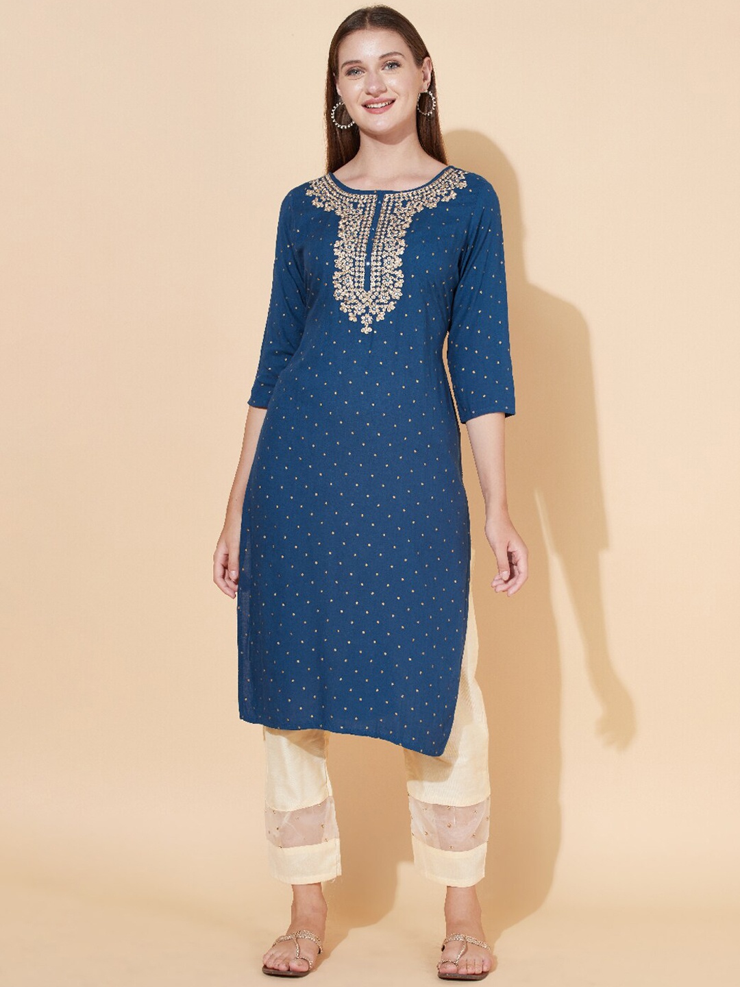 

FASHOR Women Blue Geometric Straight Fit Kurta
