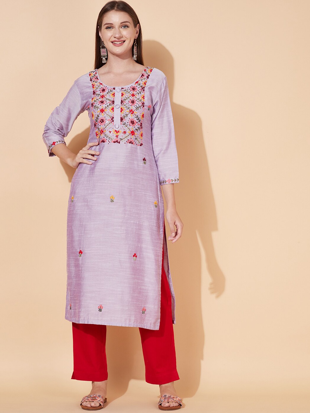 

FASHOR Women Purple Floral Embroidered Thread Work Kurta