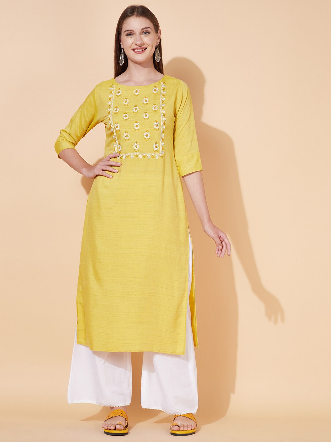 

FASHOR Women Yellow Embroidered Thread Work Kurta