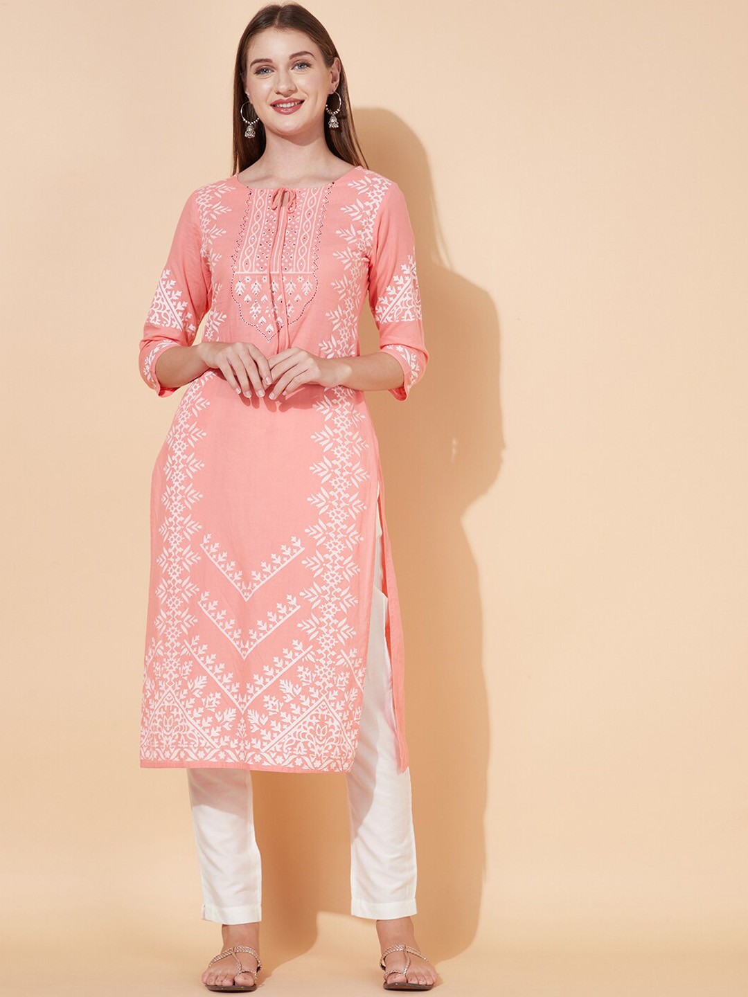 

FASHOR Women Peach-Coloured Geometric Printed Keyhole Neck Khadi Kurta
