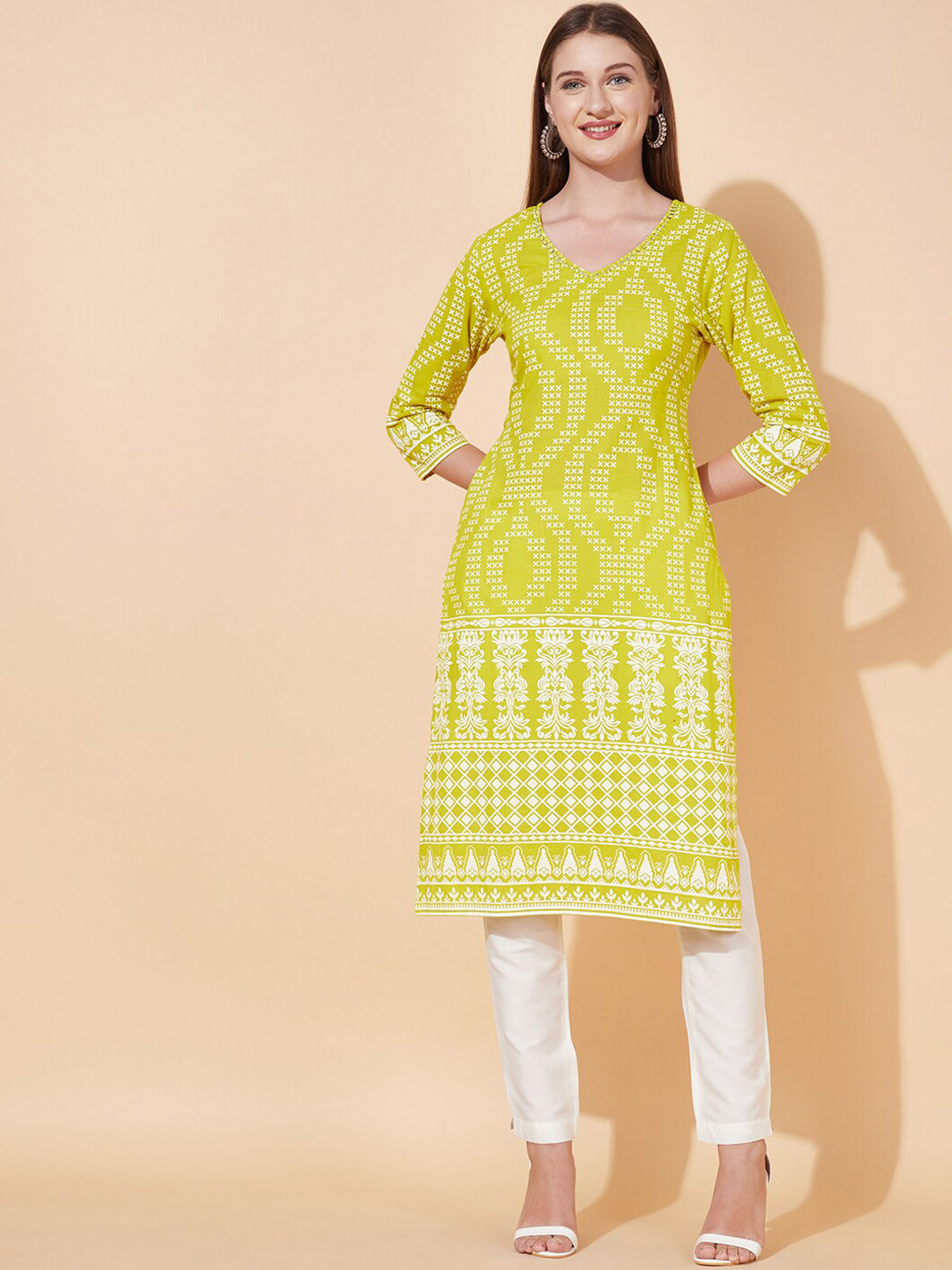 

FASHOR Women Green & White Ethnic Motifs Printed Kurta