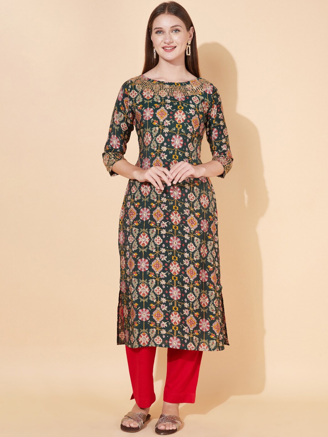 

FASHOR Women Green Floral Printed Kurta