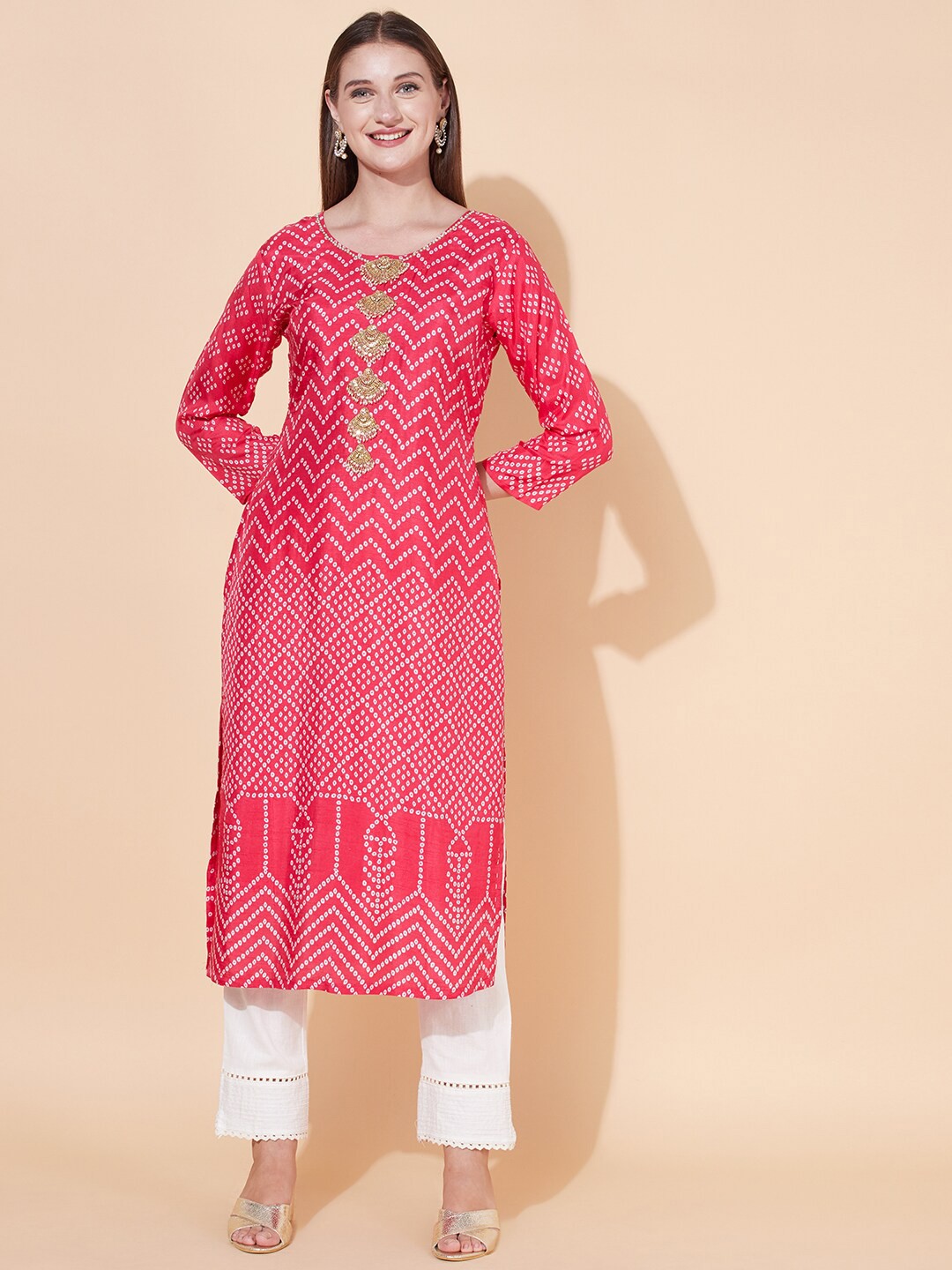 

FASHOR Women Pink Chevron Printed Flared Sleeves Kurta