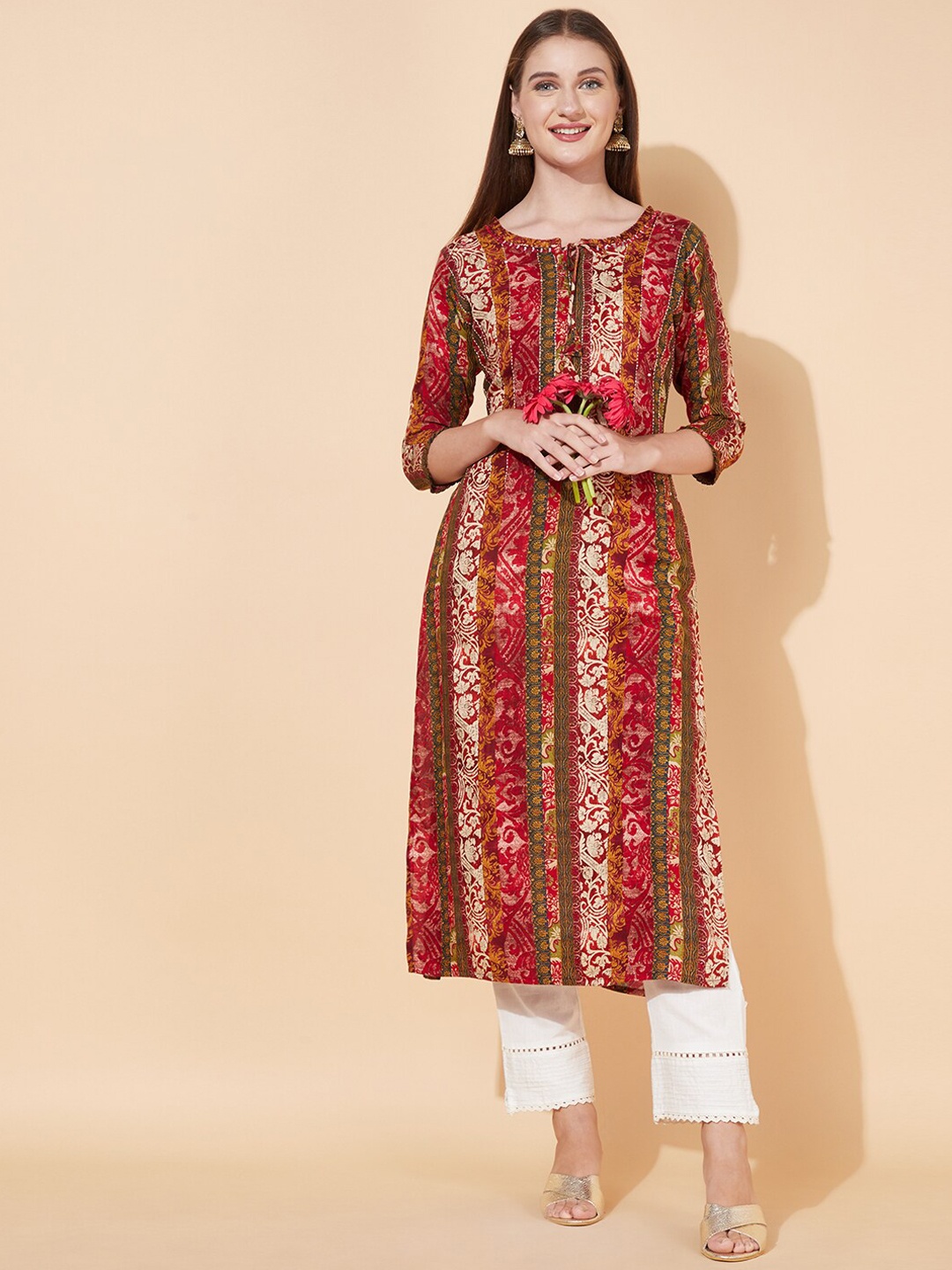 

FASHOR Women Red & Beige Printed Pathani Kurta