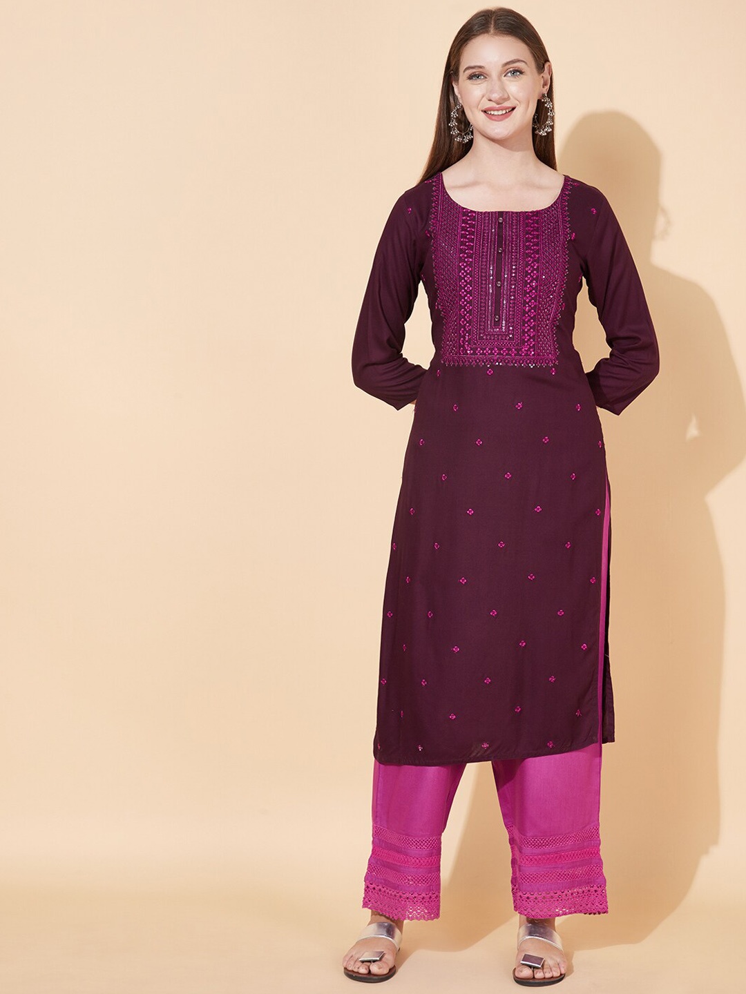 

FASHOR Women Purple Yoke Design Chikankari Kurta