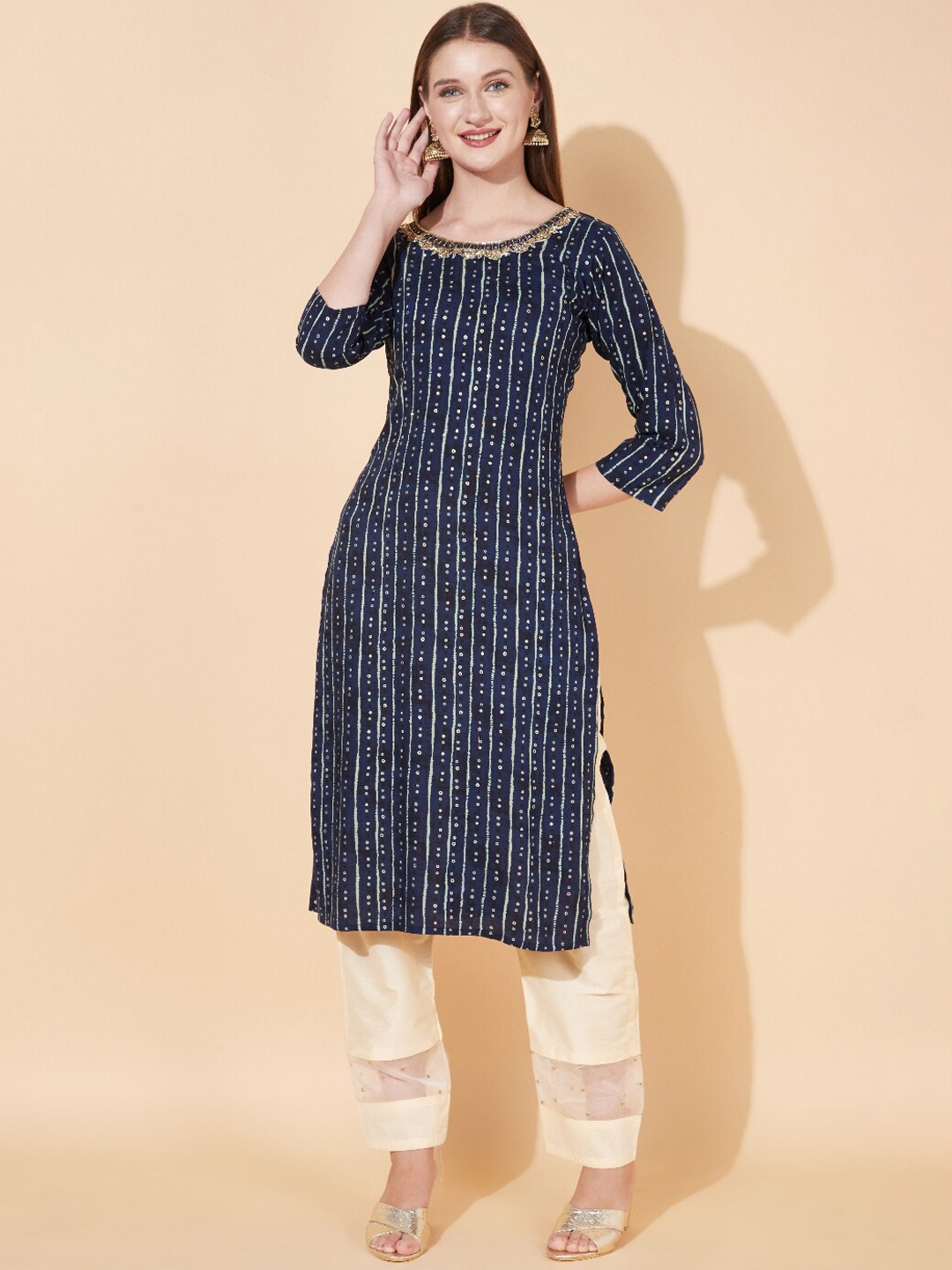 

FASHOR Women Navy Blue Geometric Straight Kurta