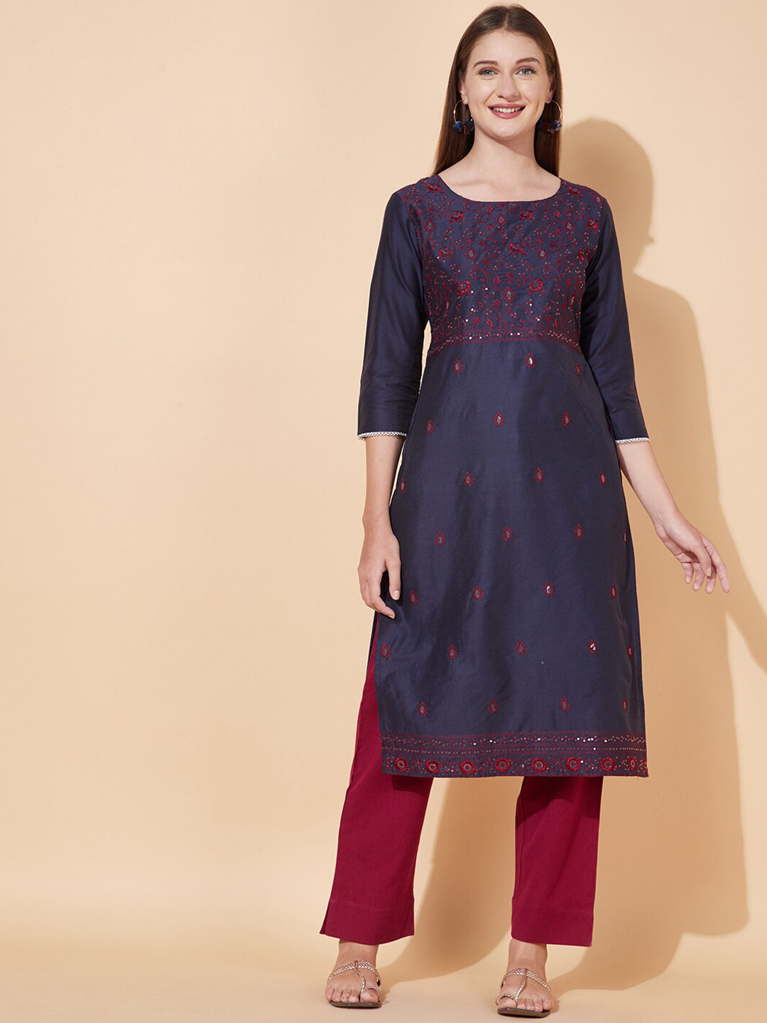 

FASHOR Women Navy Blue Floral Kurta