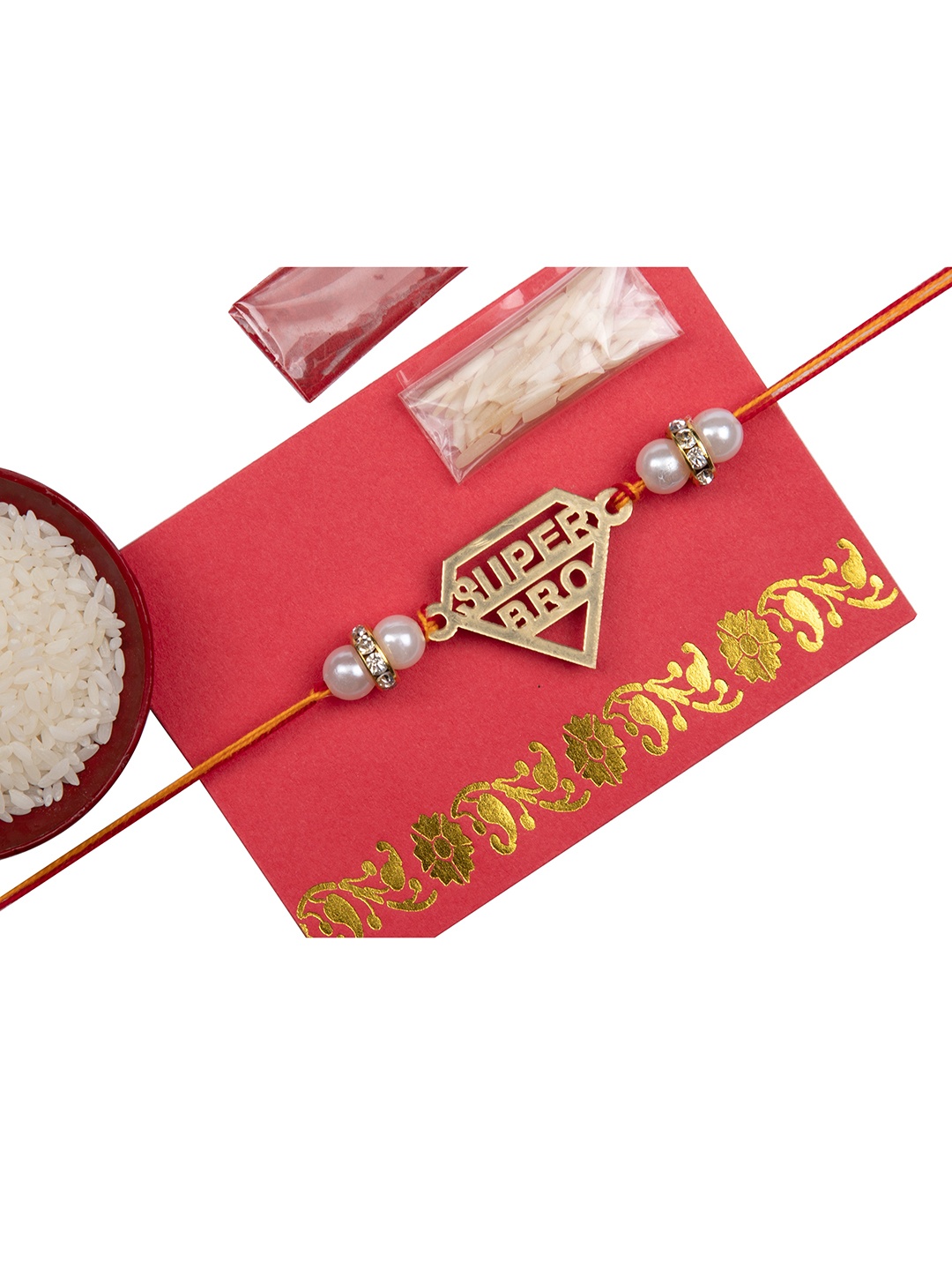 

The Magic Wand Gold Coloured & Red Super Bro Thread Rakhi With Roli Chawal & Raksha Bandhan Greeting Card