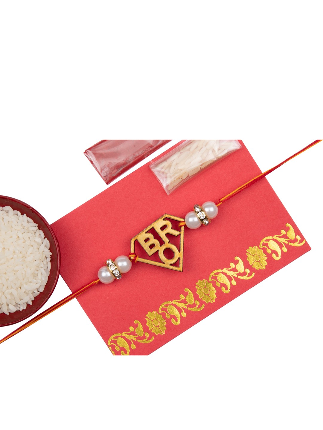 

The Magic Wand Gold-Coloured & Red Bro Thread Beaded Rakhi