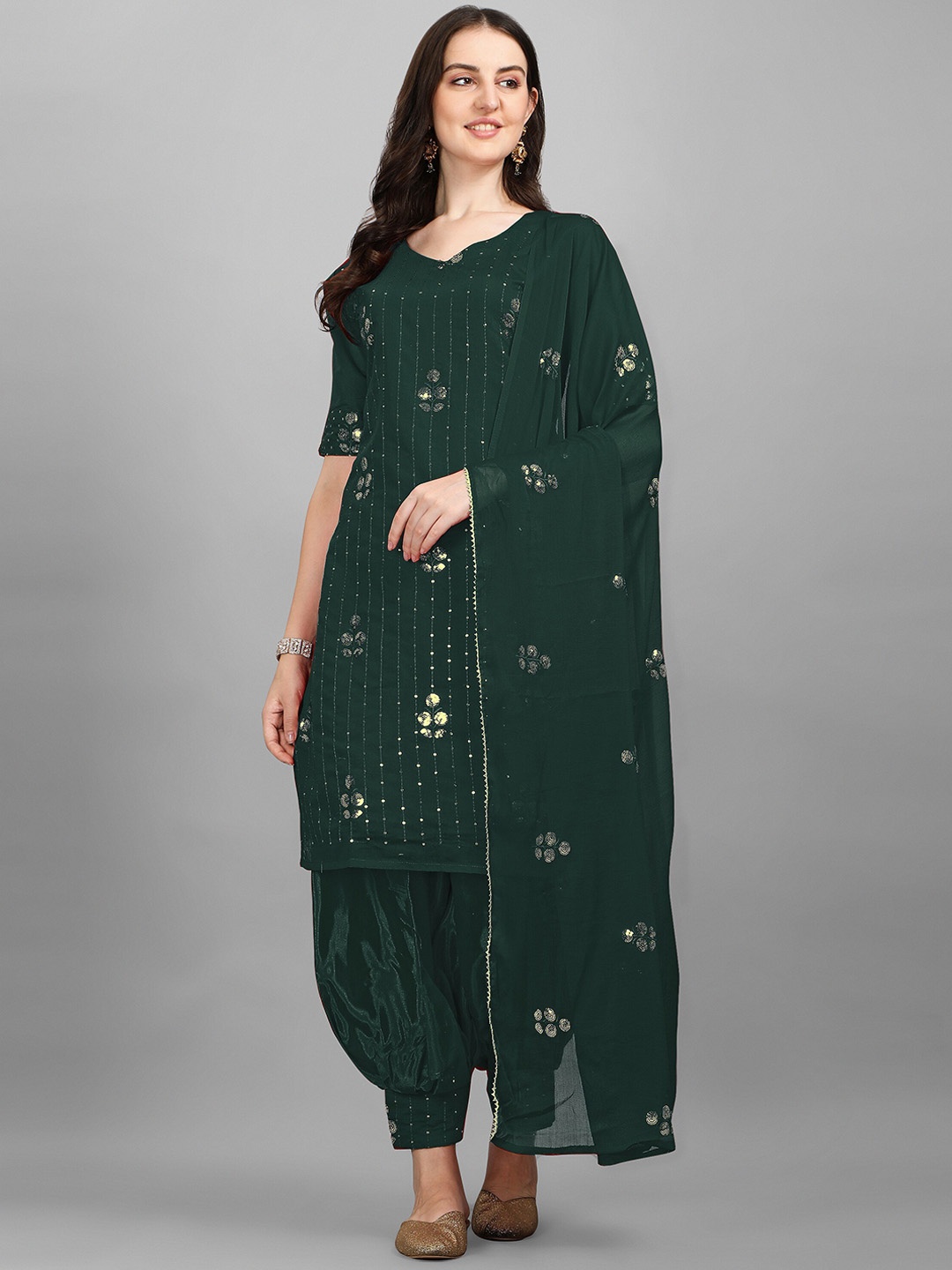 

KALINI Women Green Ethnic Motifs Embroidered Sequinned Linen Kurta with Patiala & With Dupatta