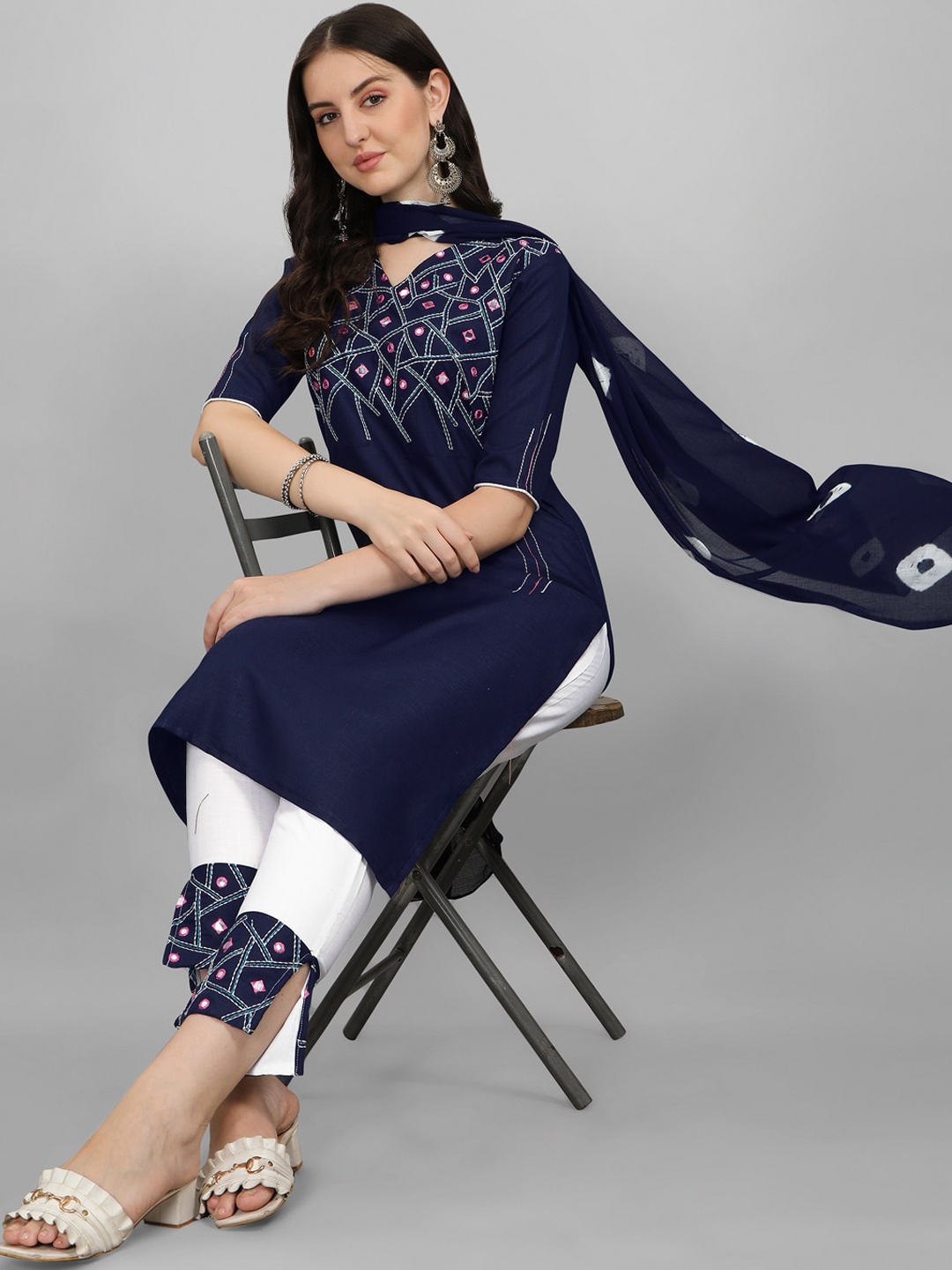 

KALINI Women Embroidered Mirror Work Kurta with Trousers and Dupatta, Navy blue