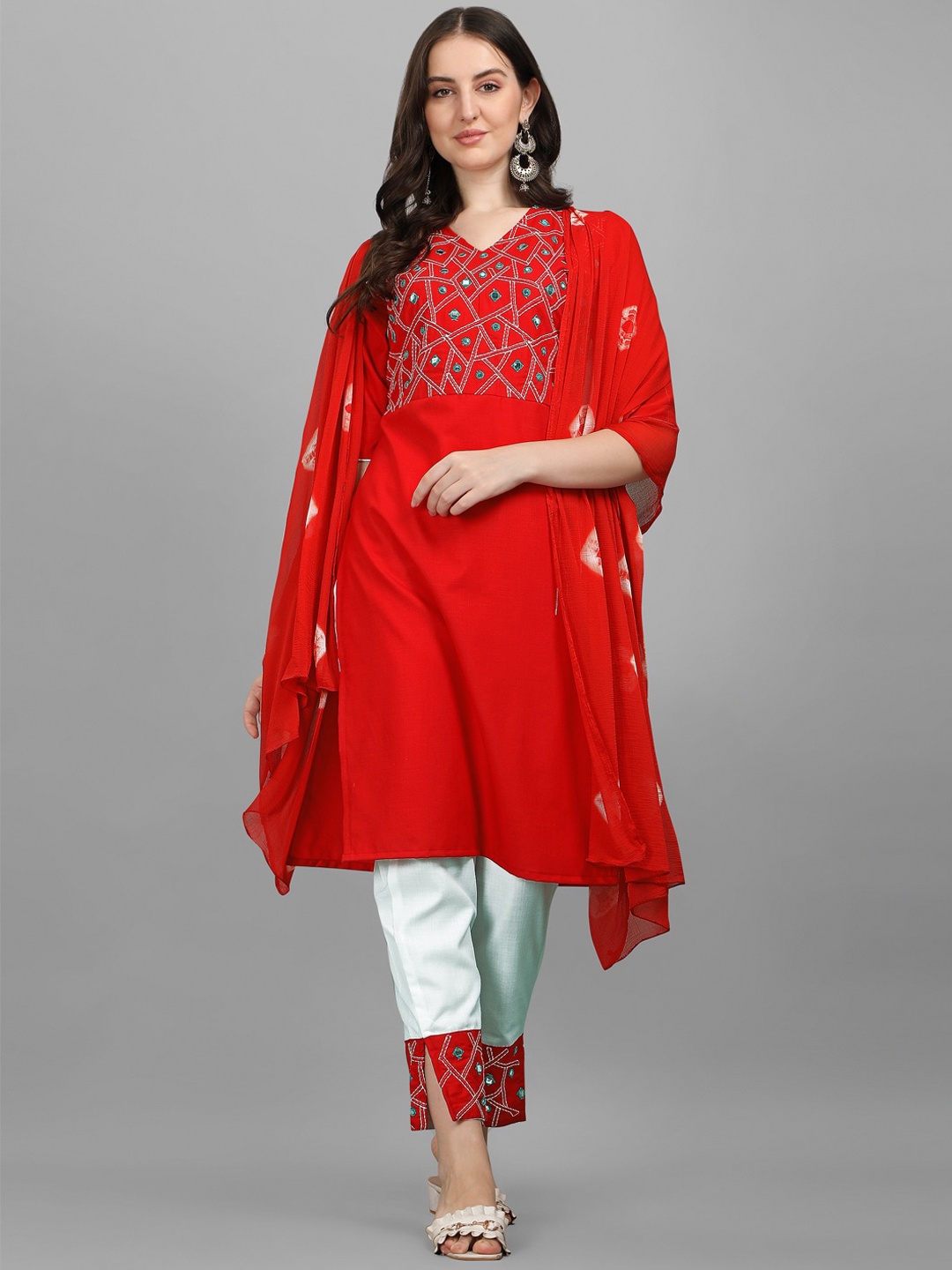KALINI Women Red Embroidered Mirror Work Kurta with Trousers & With Dupatta