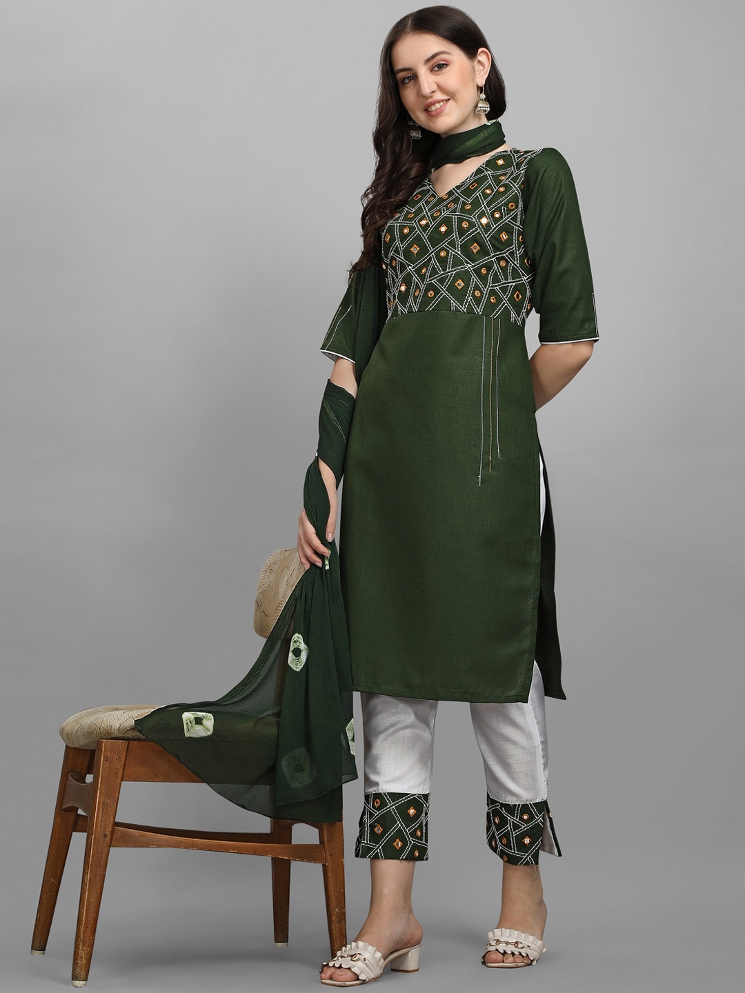 

KALINI Women Green Embroidered Mirror Work Kurta with Trousers & With Dupatta