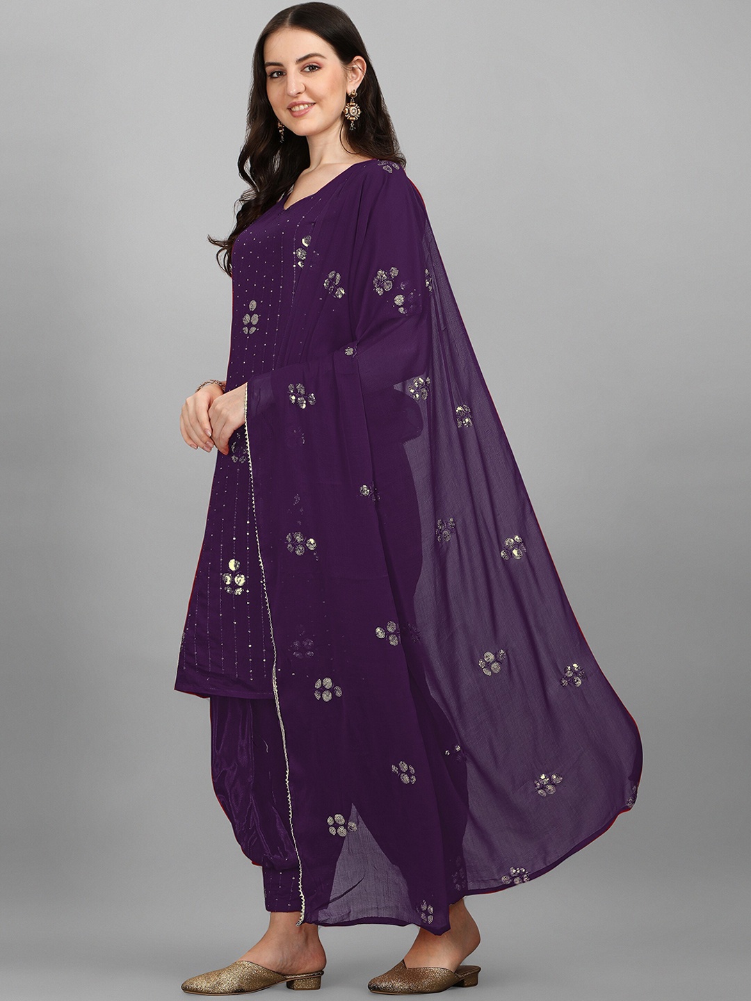 

KALINI Women Purple Embroidered Sequinned Linen Kurti with Salwar & With Dupatta