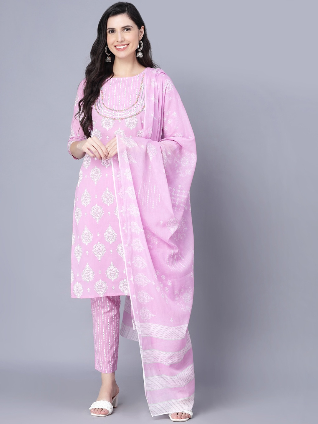 

Myshka Women Pink Printed Pure Cotton Kurta with Trousers & With Dupatta