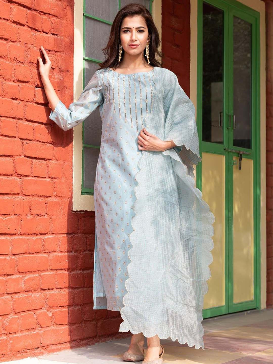 

Ambraee Women Blue Embroidered Chanderi Cotton Kurta with Trousers & With Dupatta