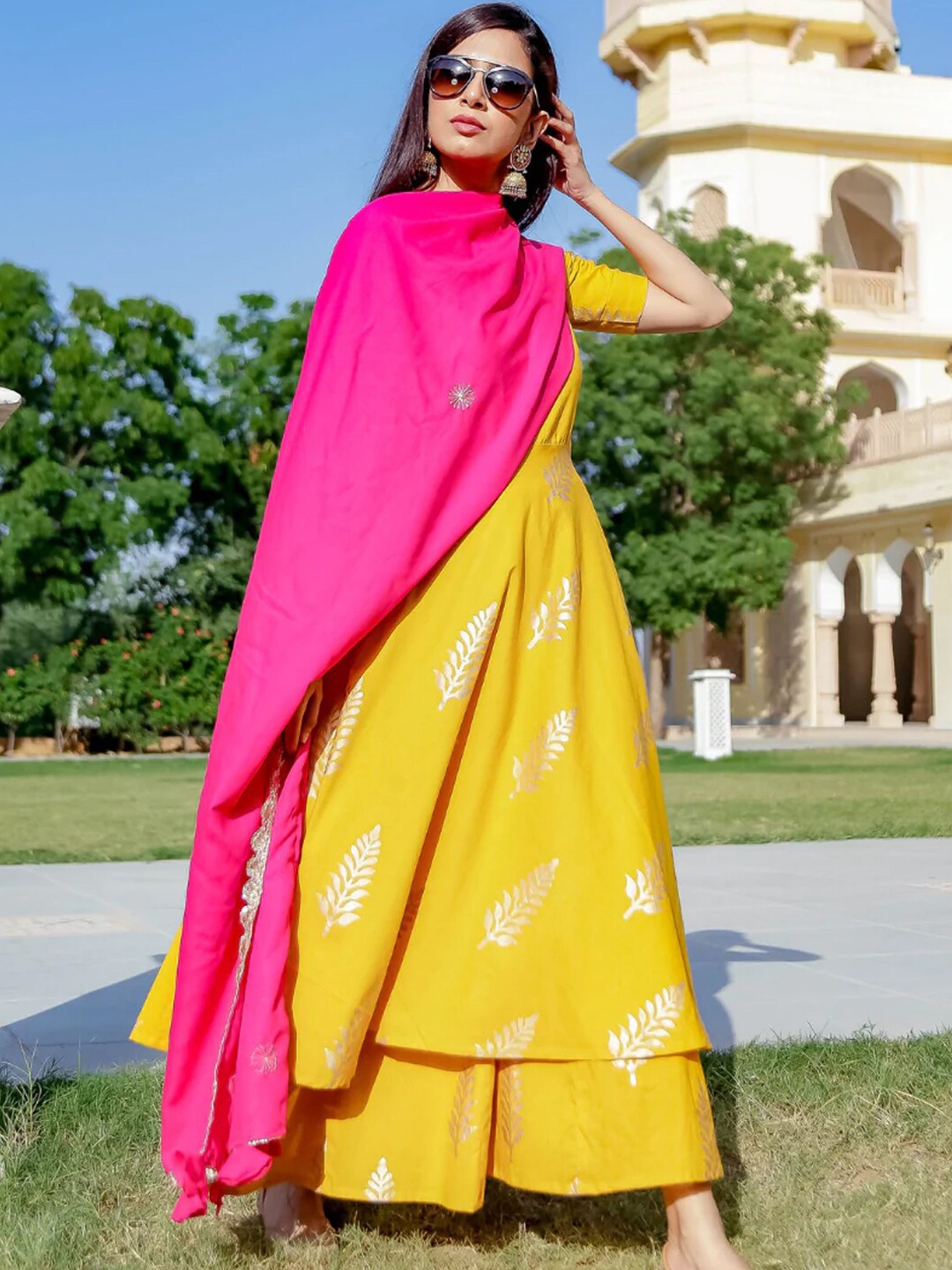 

Ambraee Women Yellow Embroidered Kurti with Trousers & With Dupatta