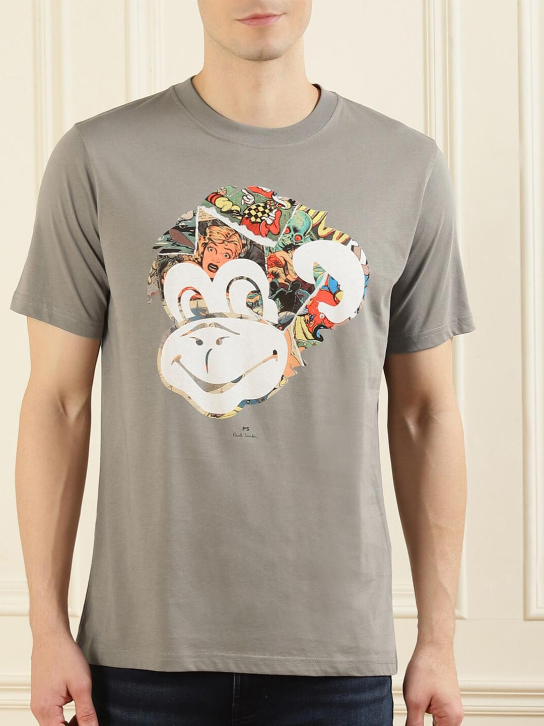 

PS By Paul Smith Men Grey Printed V-Neck Applique T-shirt