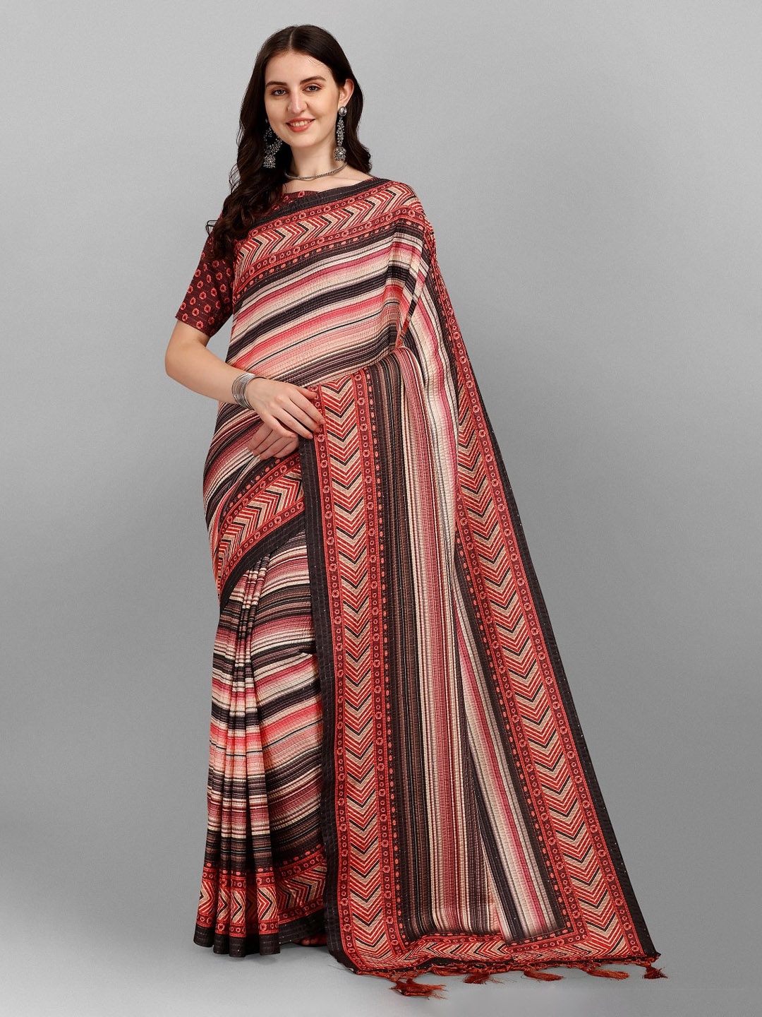 

Fashionuma Red & Brown Striped Silk Blend Saree