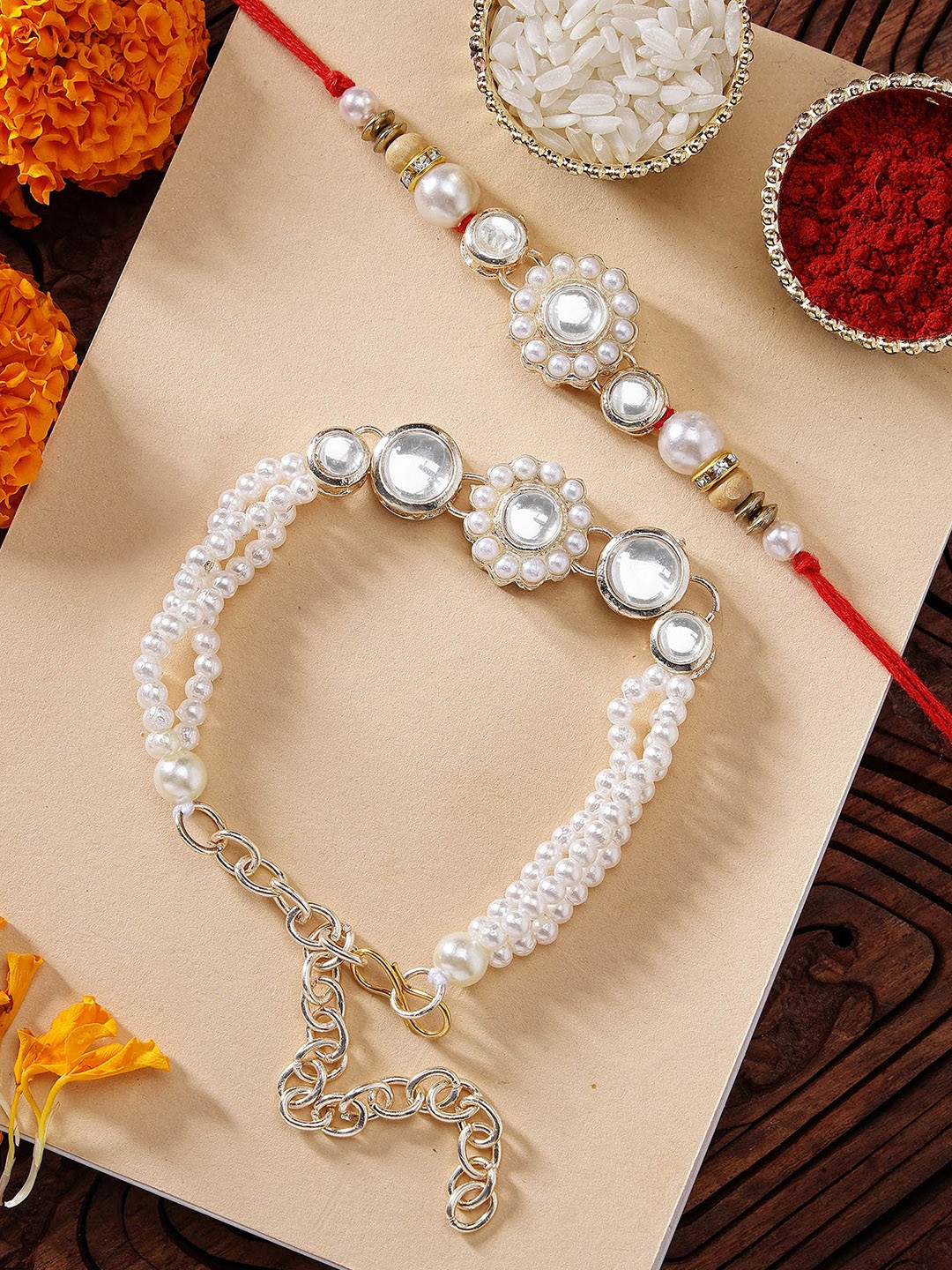 

KARATCART Red & Gold-Toned & Plated Stone-Studded Bhaiya & Bhabhi Rakhi