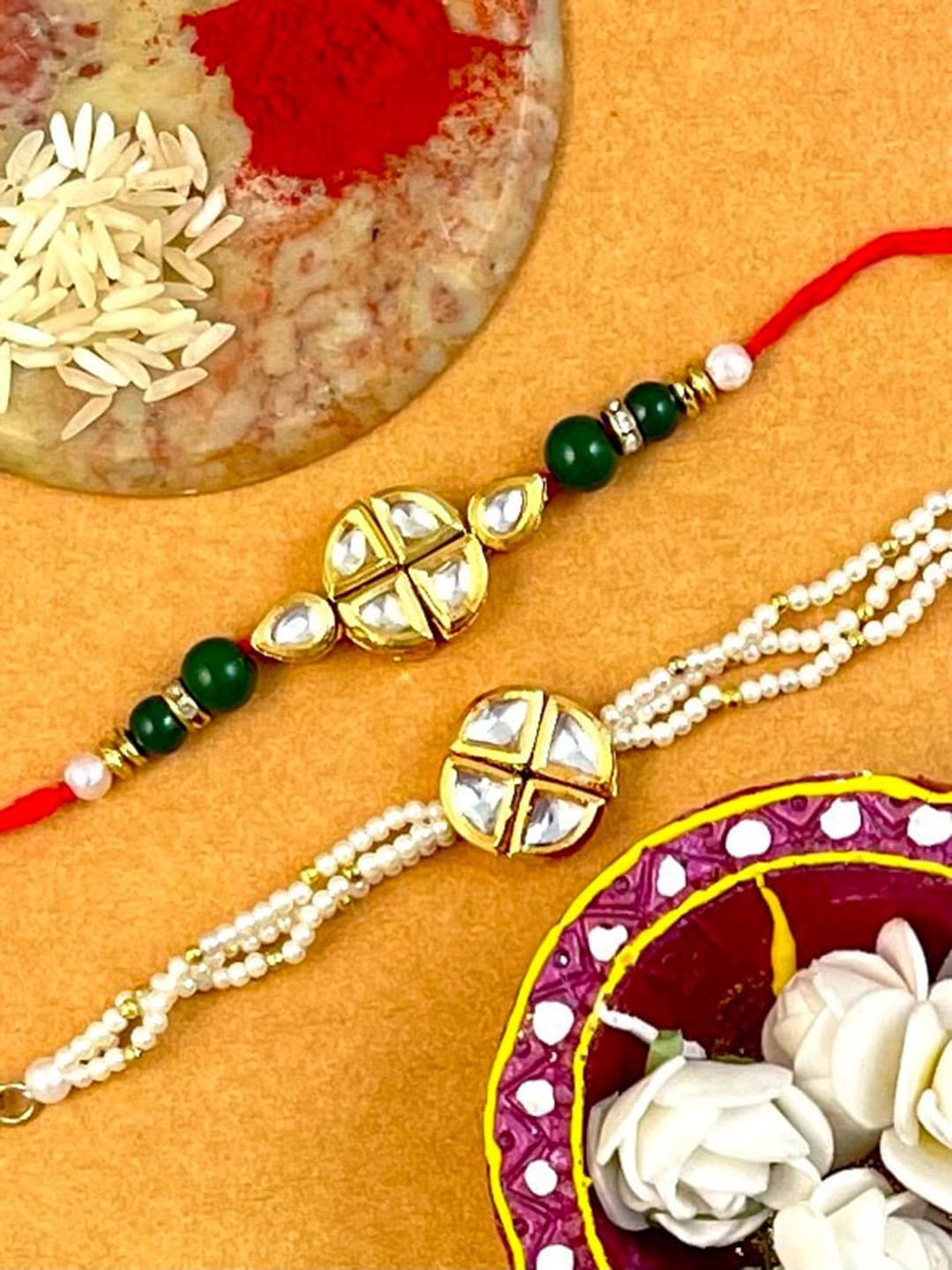 

KARATCART Men Set of 2 Gold Plated Handmade Kundan Rakhi with Roli & Chawal