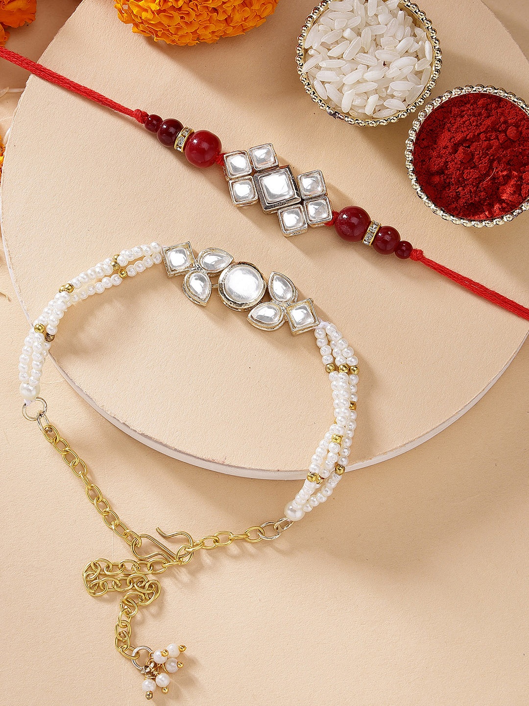 

KARATCART Gold Plated Kundan Bhiya Bhabhi Rakhi Combo with Roli & Chawal