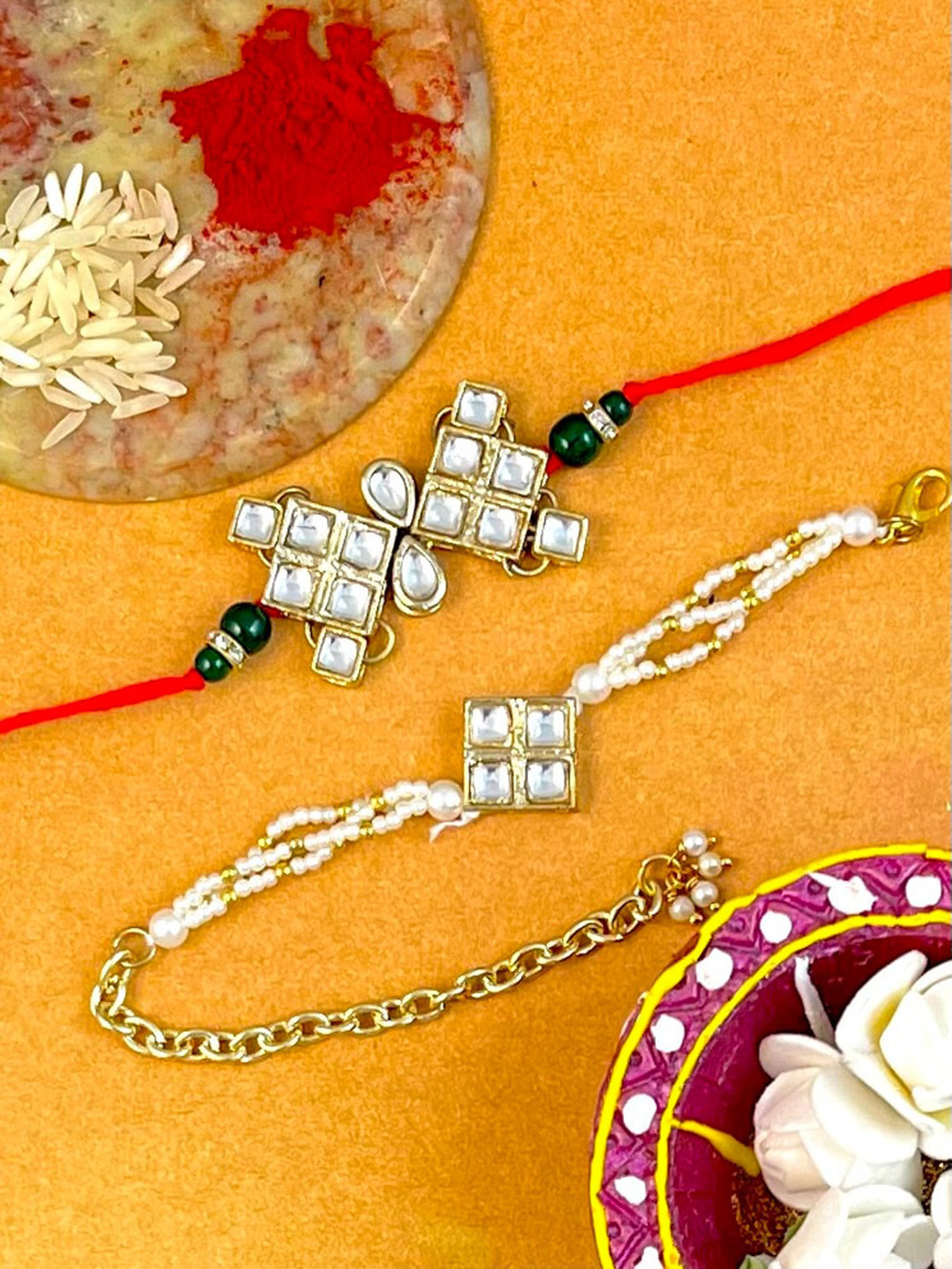 

KARATCART Men Set of 2 Gold Plated Handmade Kundan Rakhi with Roli & Chawal
