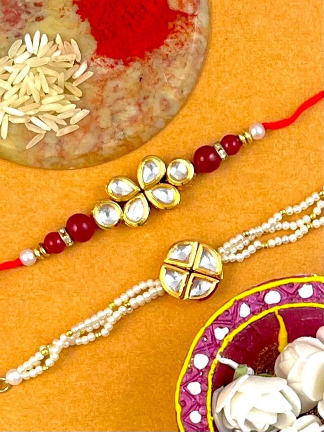 

KARATCART Men Set of 2 Gold Plated Handmade Kundan Rakhi with Roli & Chawal