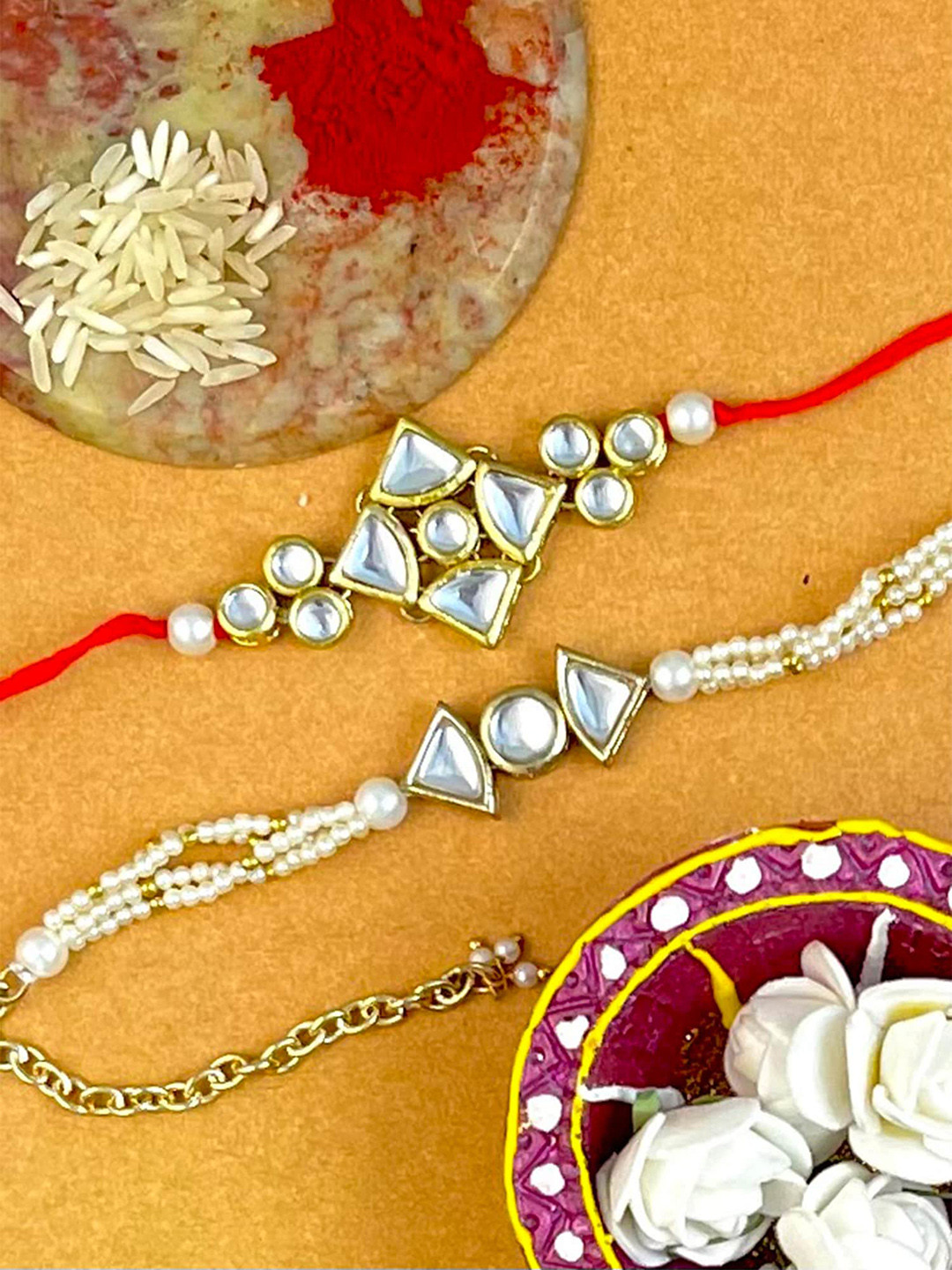 

KARATCART Set Of 2 Gold-Plated Kundan Studded Rakhi