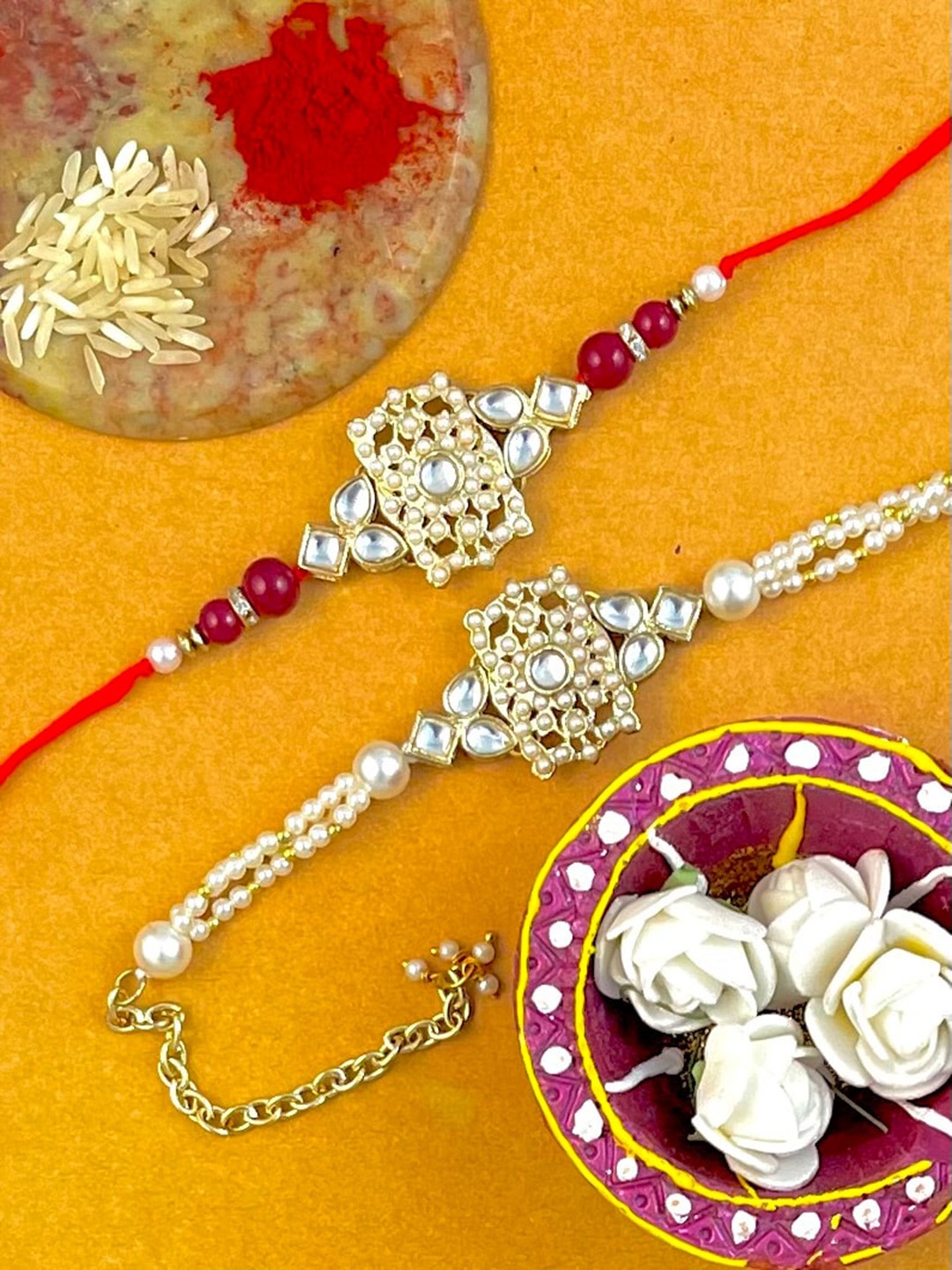 

KARATCART Set Of 2 Red & Gold-Coloured Stone-Studded Rakhi