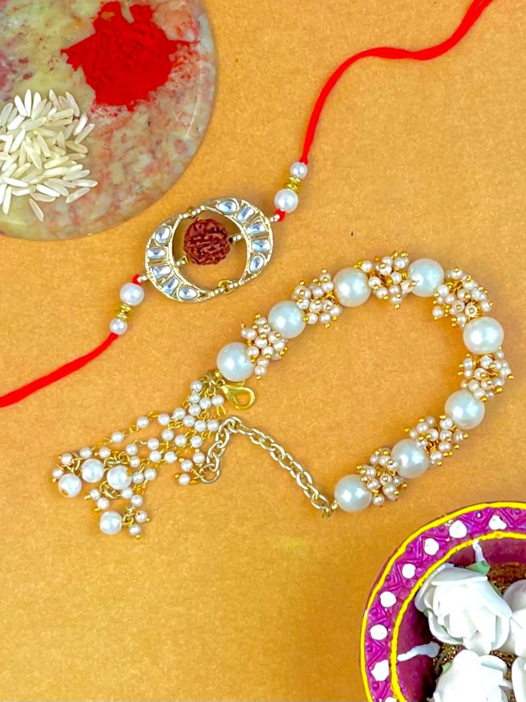 

KARATCART Set Of 2 Gold-Plated Red & White Kundan Stone Studded Rakhi