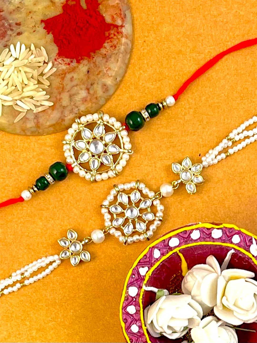 

KARATCART Set Of 2 Gold-Plated Red & White Kundan Stone Studded Rakhi