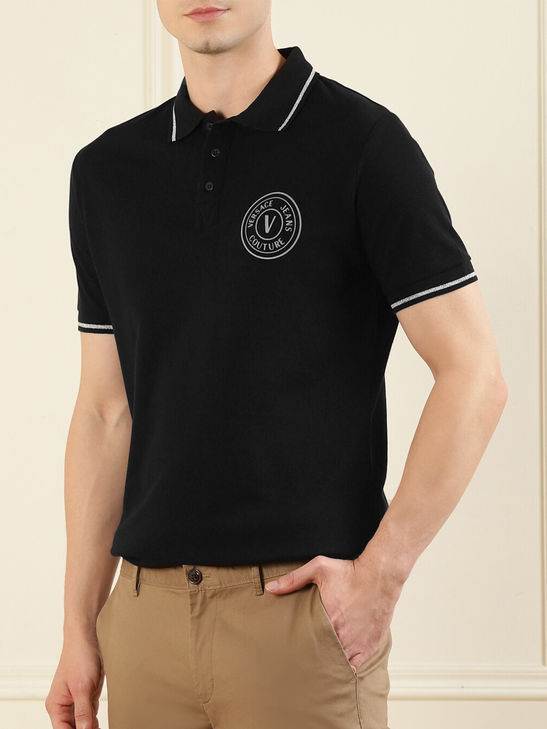 

Versace Jeans Couture Men Black Polo Collar Pure Cotton Applique T-shirt