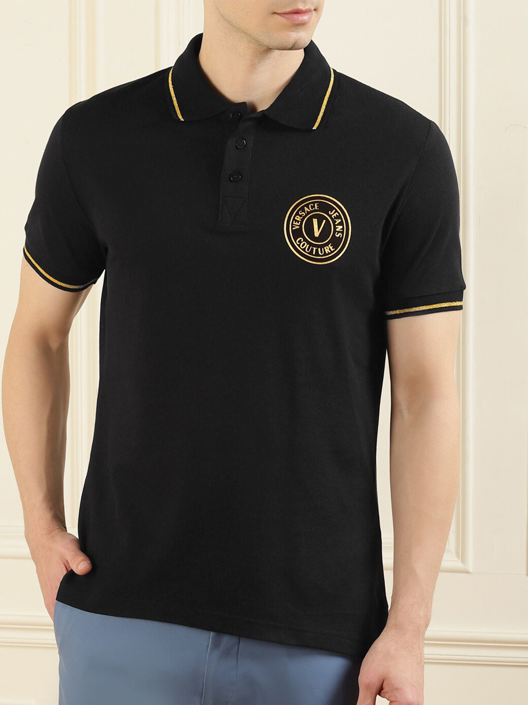 

Versace Jeans Couture Men Black Polo Collar Pure Cotton Applique T-shirt