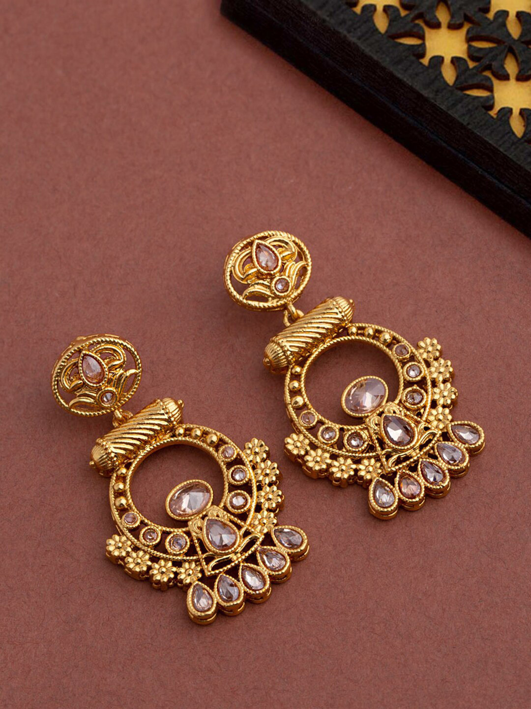 

Voylla Pink & Gold-Plated CZ Studded Crescent Shaped Chandbalis Earrings