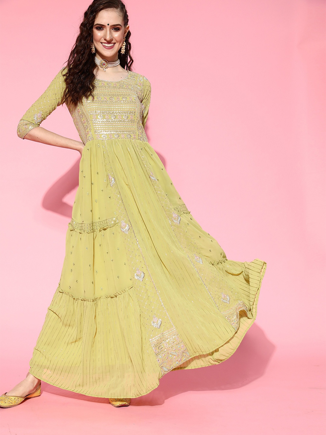 

Kvsfab Lime Green Embellished Georgette Maxi Dress