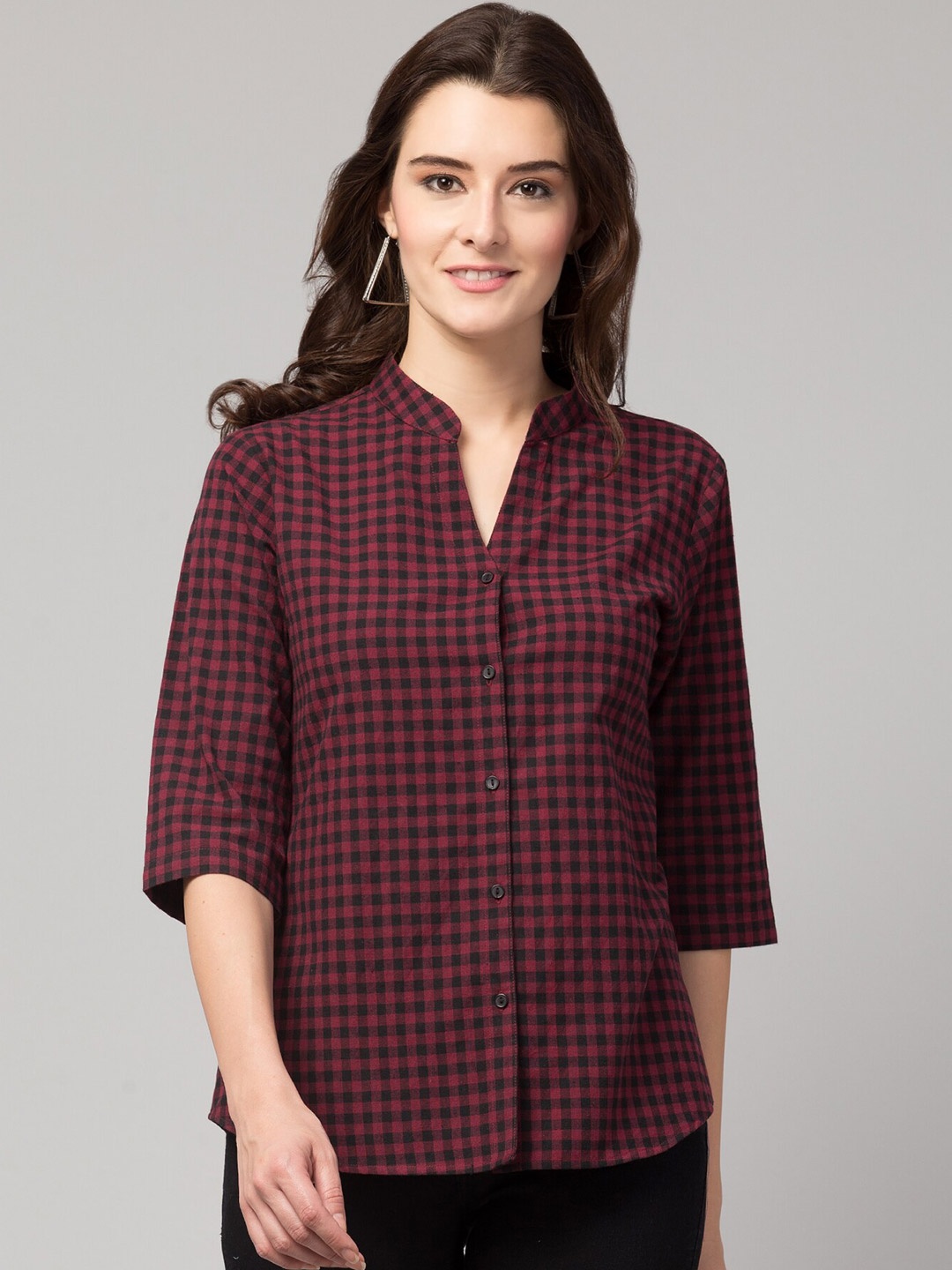 

Hive91 Maroon & Black Mandarin Collar Checked Tunic