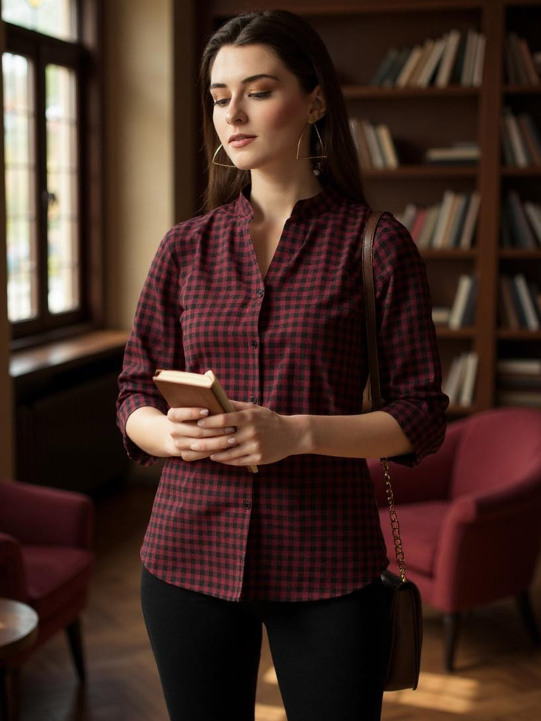 Hive91 Maroon & Black Mandarin Collar Checked Tunic
