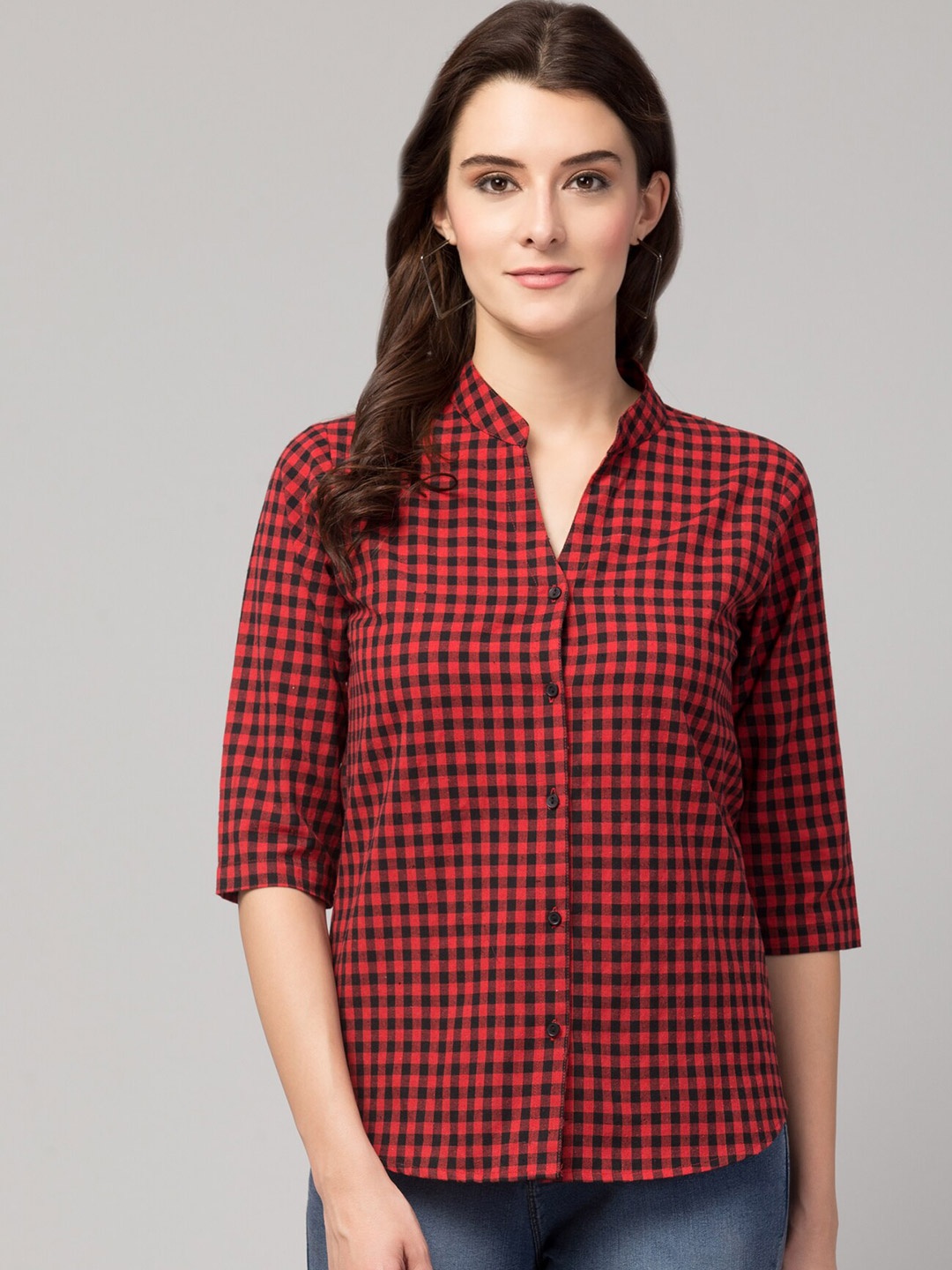 

Hive91 Red & Black Mandarin Collar Checked Tunic