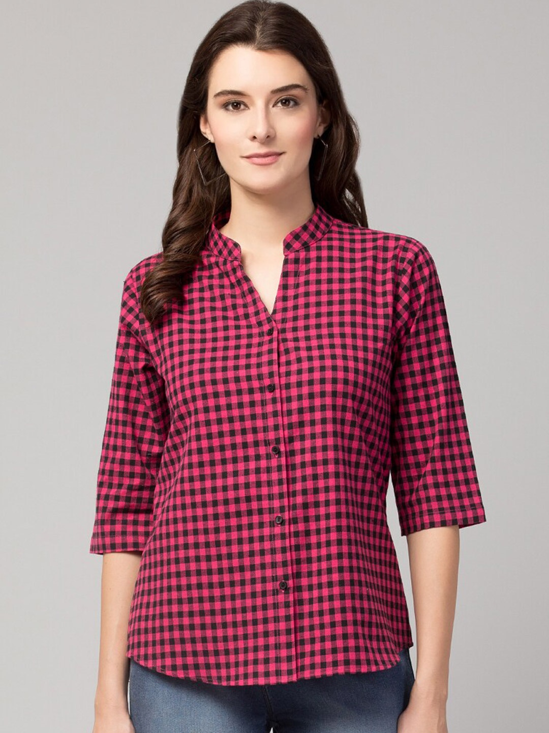 

Hive91 Pink & Black Mandarin Collar Checked Tunic