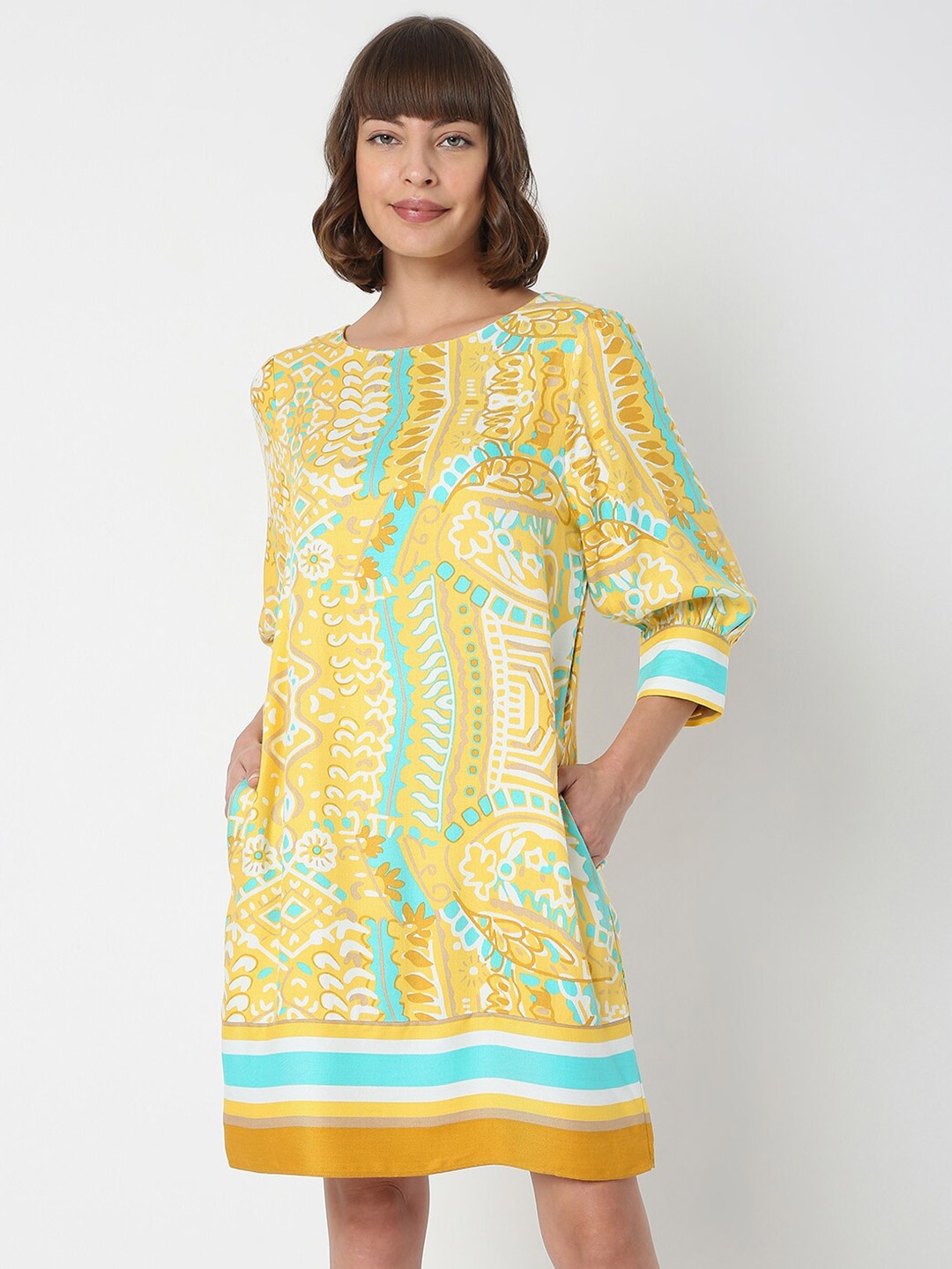 

Vero Moda Yellow Ethnic Motifs A-Line Dress