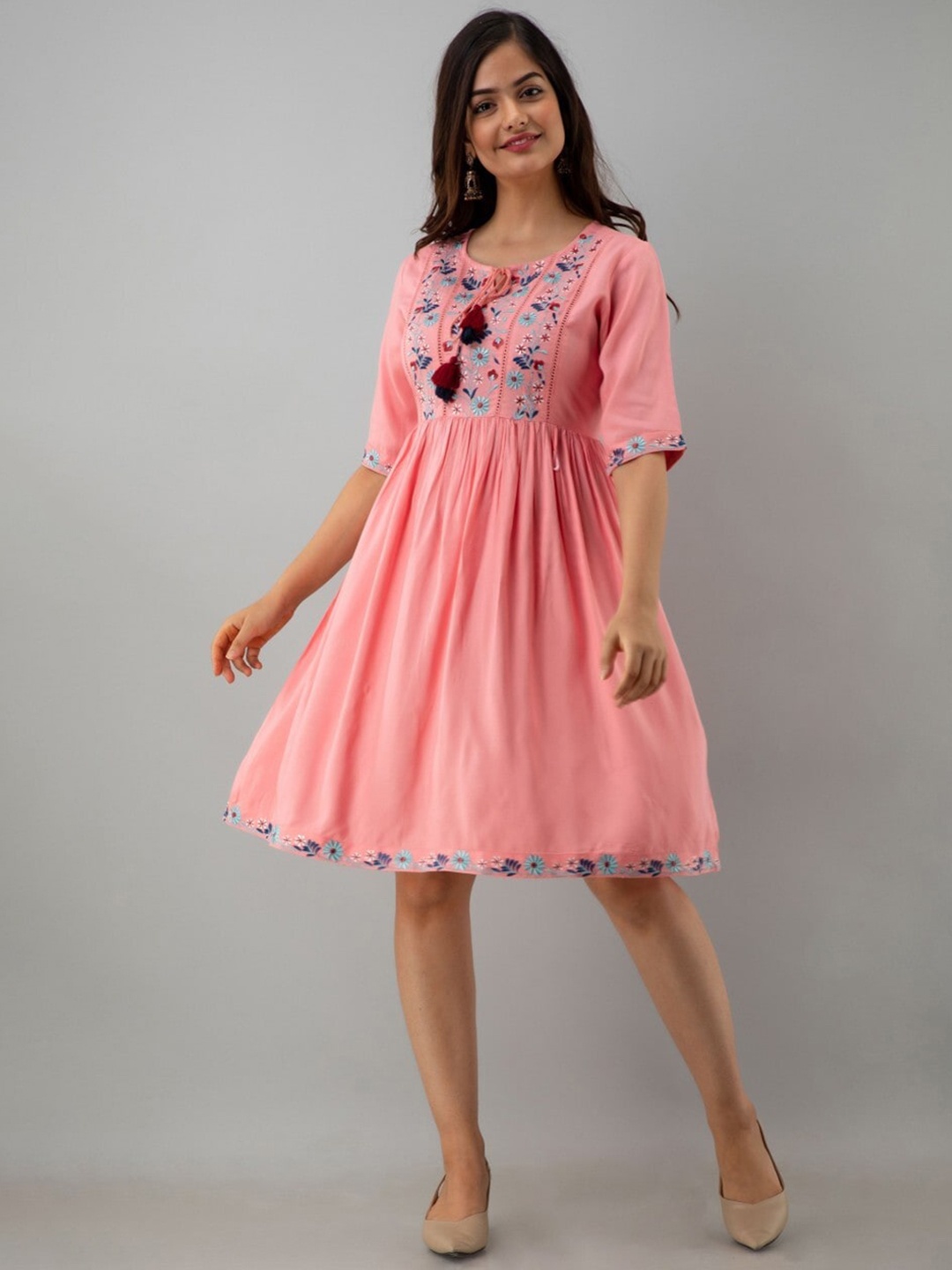 

Sangria Pink Floral Embroidered Tie-Up Neck Empire Dress