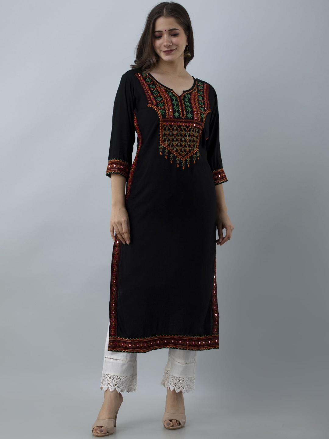 

ADORRO Women Black Geometric Yoke Design Flared Sleeves Thread Work Kurta