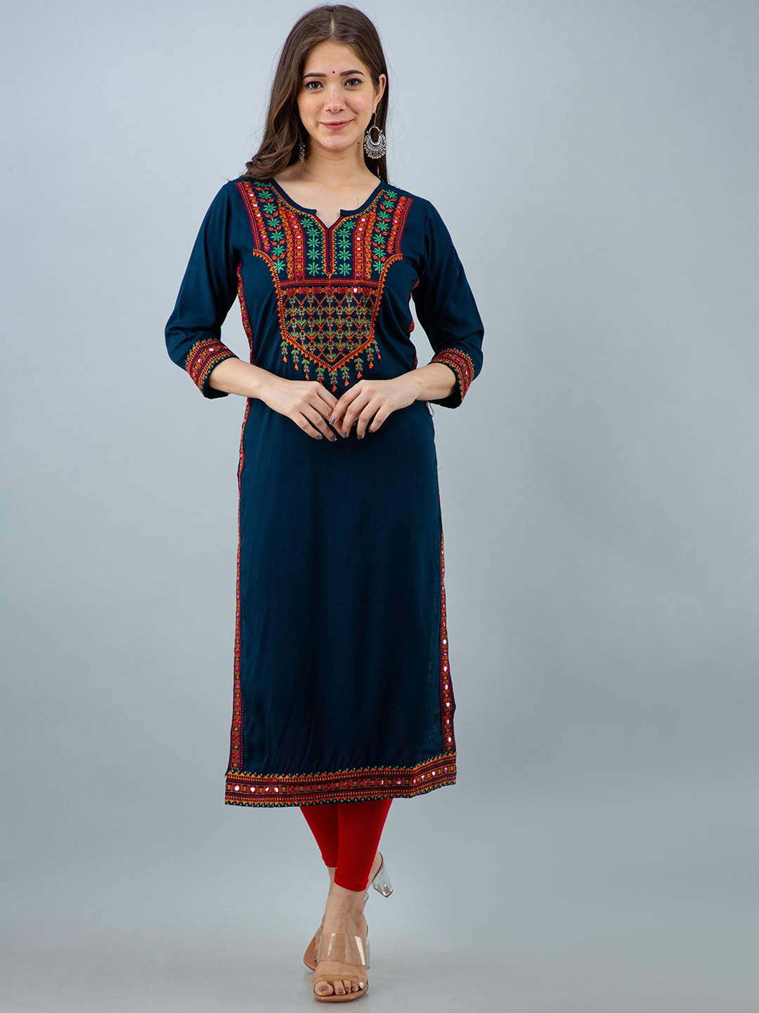 

ADORRO Women Blue Ethnic Motifs Embroidered Flared Sleeves Thread Work Kurta